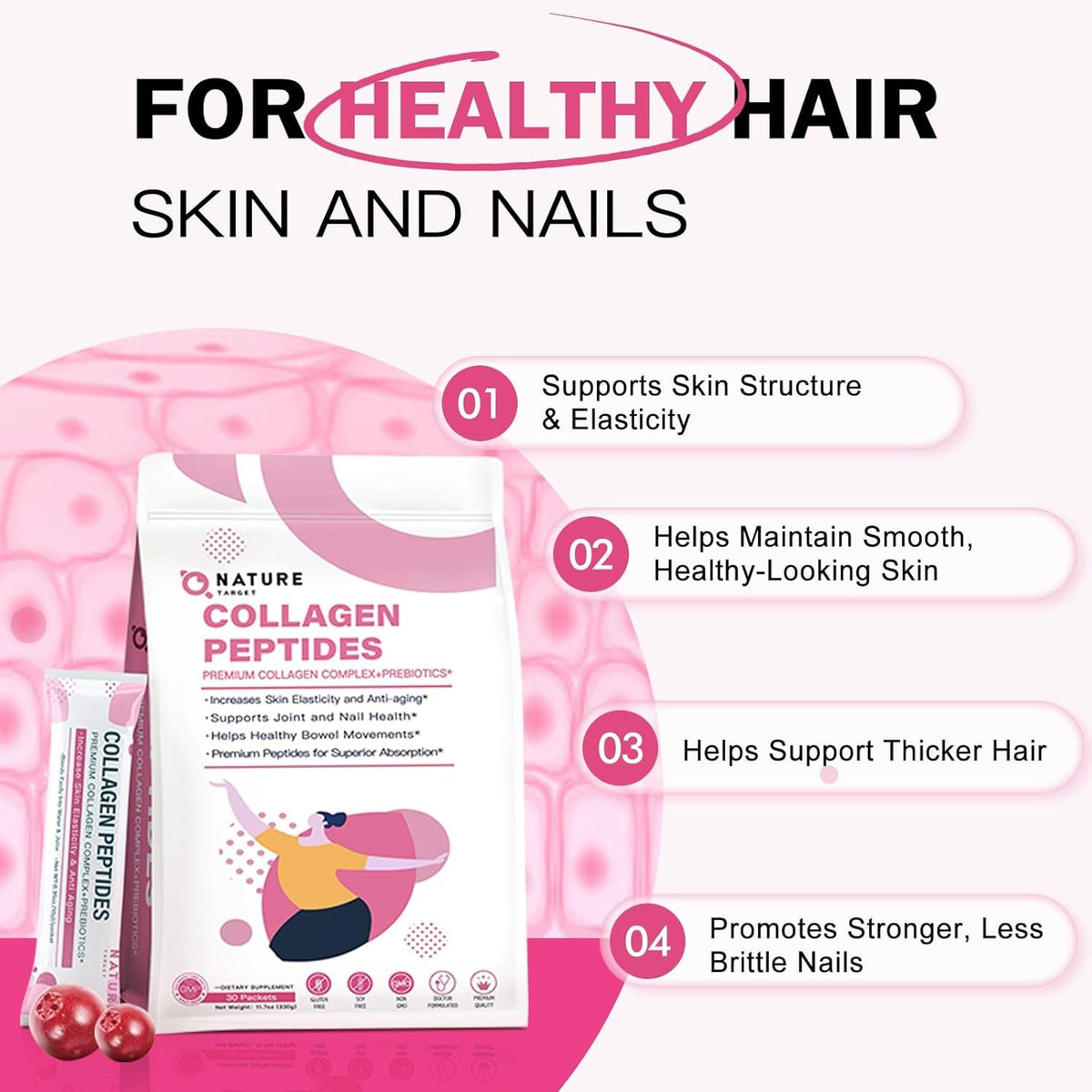 NATURE TARGET Multi Collagen Peptides Powder - Type I, II, III, V, X - Enhanced Absorption, Hydrolyzed Collagen Peptides with Prebiotics, Sugar-Free, Skin Hair Nail & Joint Support, Non-Gmo