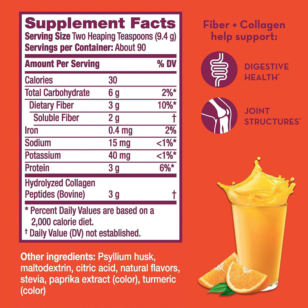 Metamucil Daily Fiber + Collagen, Psyllium Husk Powder, Plant Based Fiber Supplement, Sugar-Free with Stevia, 3-In-1 Fiber Supplement for Digestive Health, Orange Flavored, 90 Doses