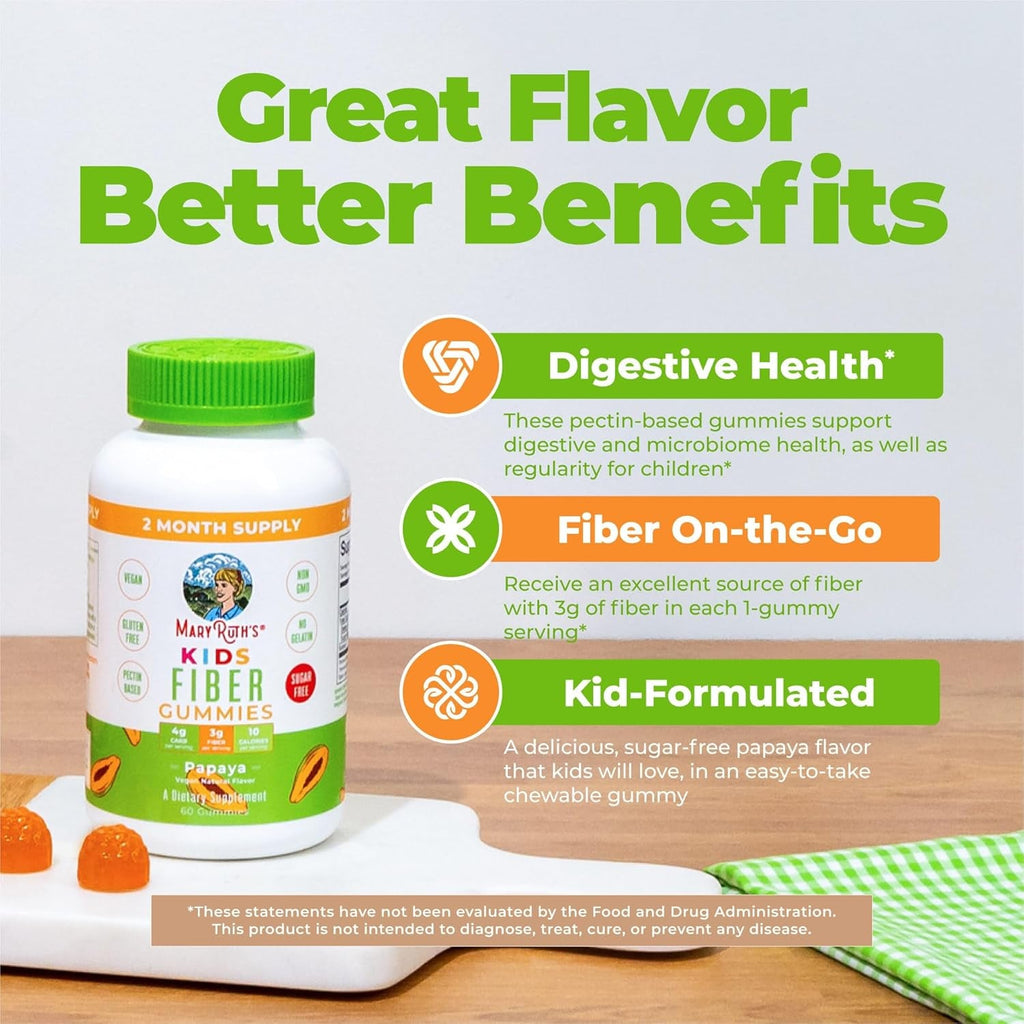 MARYRUTH'S Fiber Gummies for Kids | 2 Month Supply | Sugar Free | Kids Fiber Gummies Ages 4+ | Soluble Fiber Supplement | Gut Health & Digestion Support | 3G Fiber per Gummy | Vegan | 60 Count