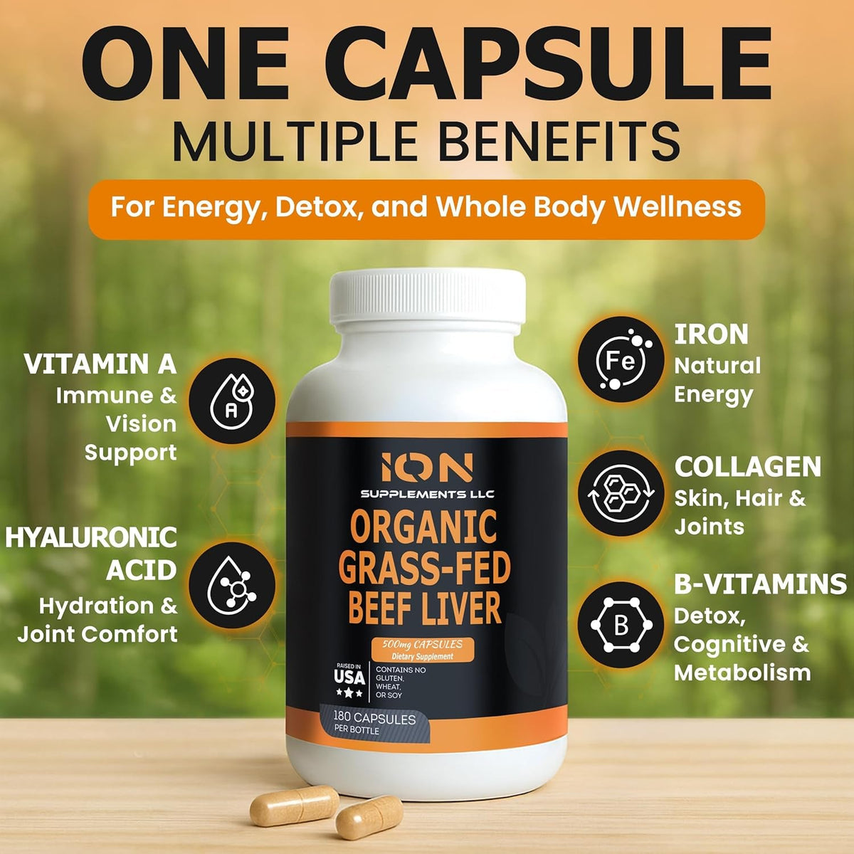 100% Organic Grass Fed Beef Liver Capsules (180 Caps) - Pasture Raised - Iron, Vitamin A, B, Collagen - Promotes Energy, Detoxification, Whole Body Wellness - Ancestral Paleo Living - Ion Supplements