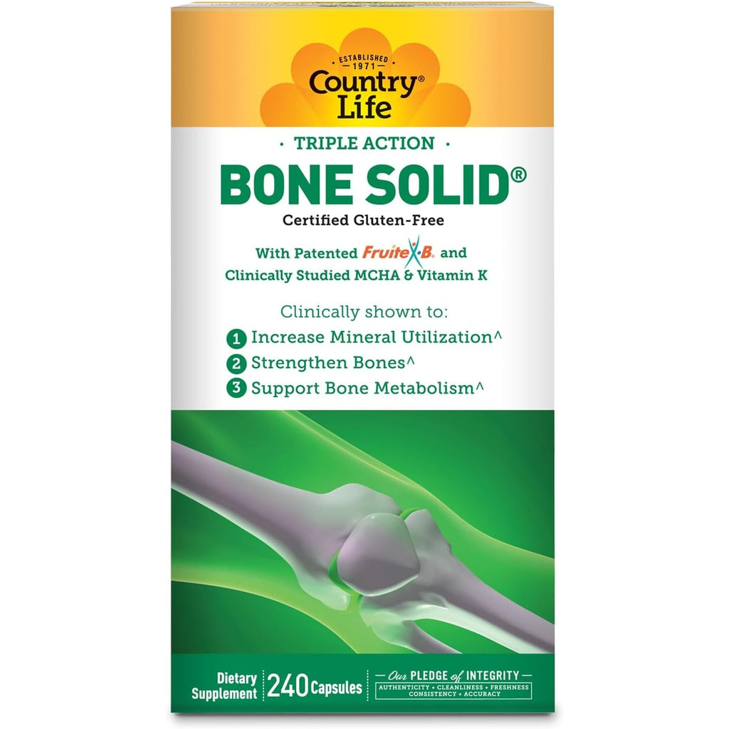 Country Life Bone Solid - Bone Health Supplement with Microcrystalline Hydroxyapatite (MCHA), Calcium, Magnesium, Zinc, Vitamins K2 & D3 for Enhanced Bone Strength & Metabolism - 240 Capsules
