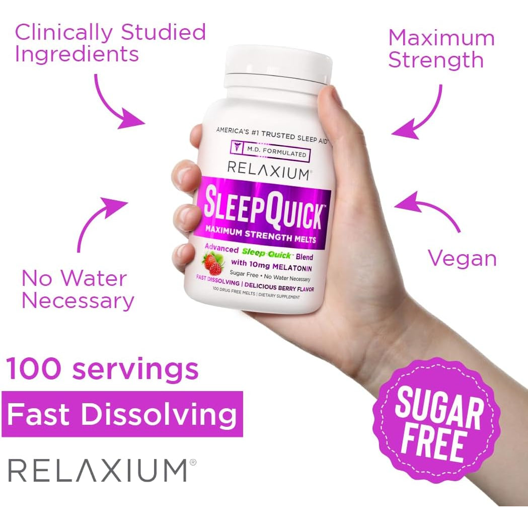 Relaxium Sleep Quick Maximum Strength Melts, Fast Acting Sleep Aid with 10 Mg Melatonin, Drug Free Dietary Supplement, Vegan, Gluten Free, Made in USA, 100 Servings, Berry Flavor