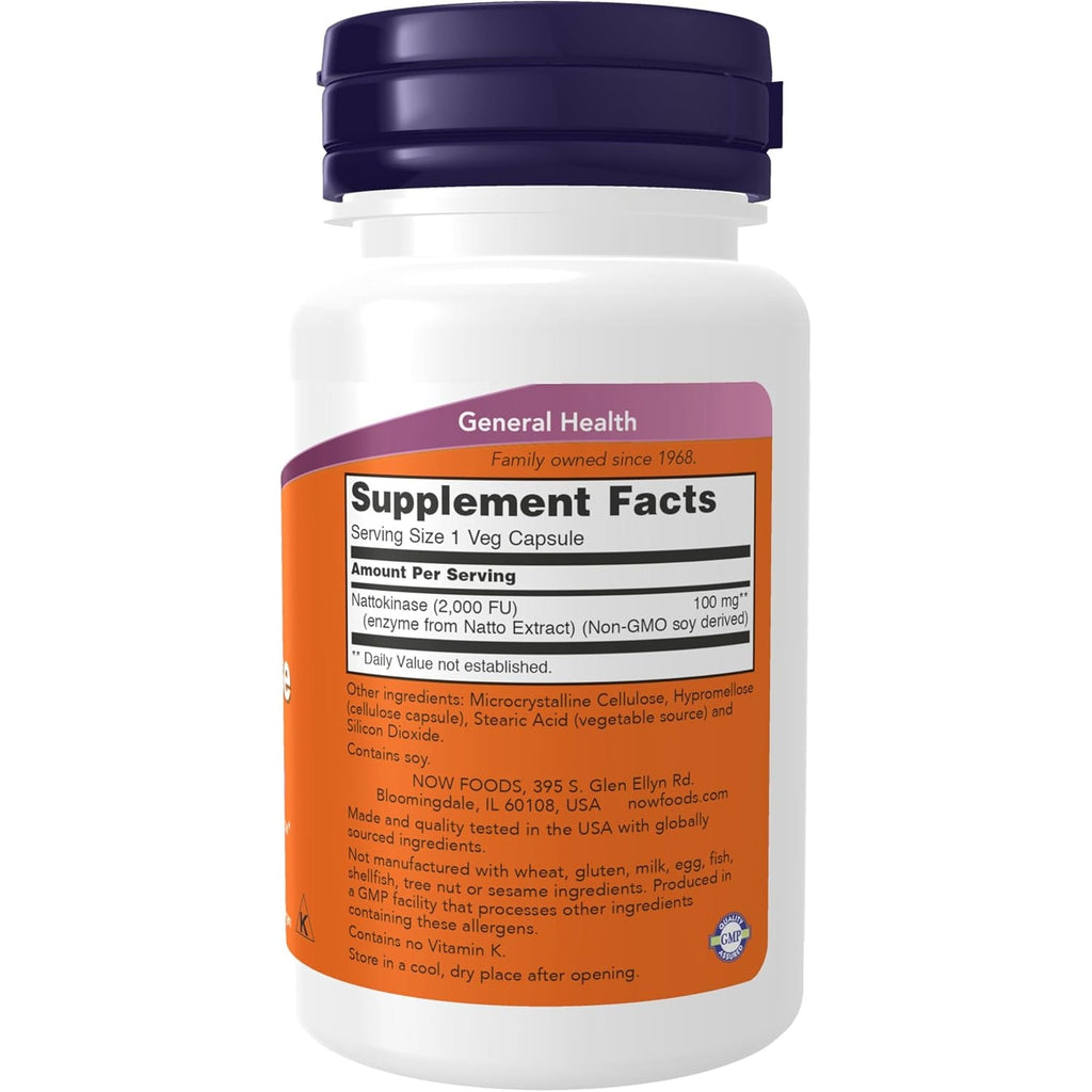NOW Supplements, Nattokinase 100 Mg (From Non-Gmo Soy) with 2,000 Fus of Activity, 60 Veg Capsules