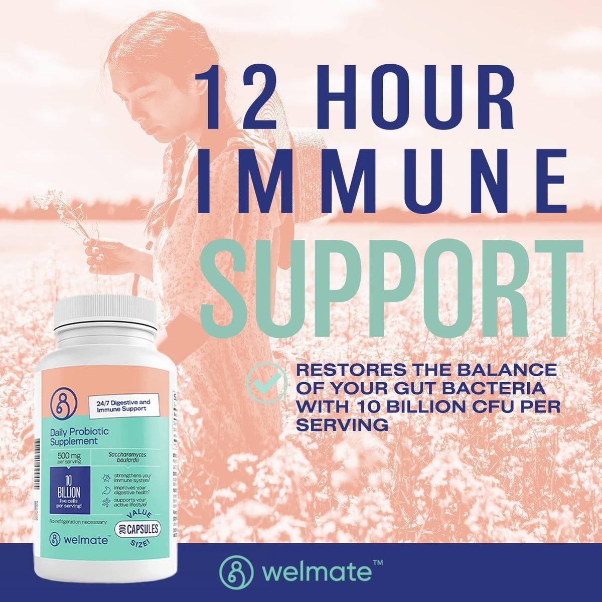 WELMATE - Daily Probiotic Supplement (200 Capsules) Saccharomyces Boulardii 500Mg - 24/7 Digestive Support, Immune Support - 10 Billion CFU - Over-The-Counter Medication - Vegan, Gluten Free, Non GMO