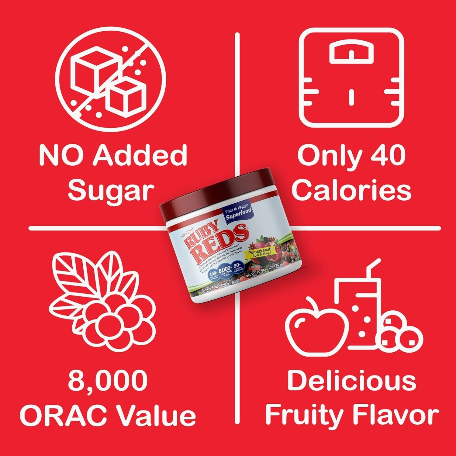 New Vitality Ruby Reds | Delicious Reds Powder Fruit & Vegetable Supplement with Potent Vitamins, Minerals, Enzymes, Herbs, Nutrients and Probiotics for Overall Health 11 Oz. (30 Servings)