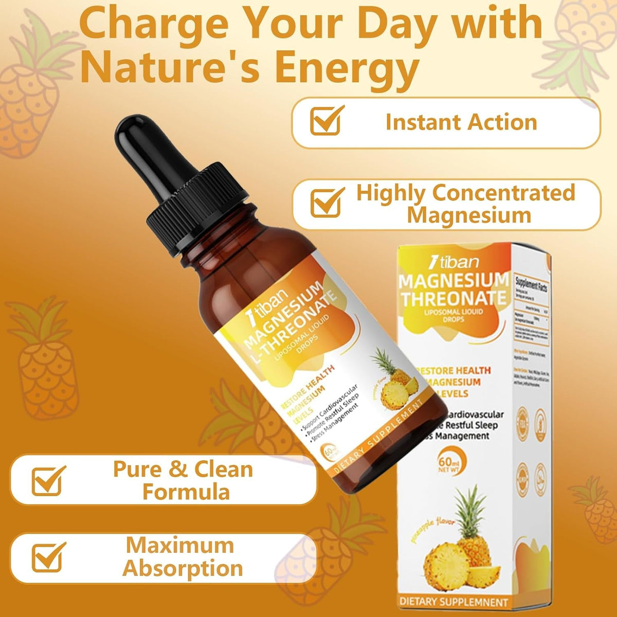 Magnesium L-Threonate Liquid Drops Restore Health Magnesium Levels Support Cardiovascular Promote Restful Sleep Relax Pineapple Flavor 60Ml