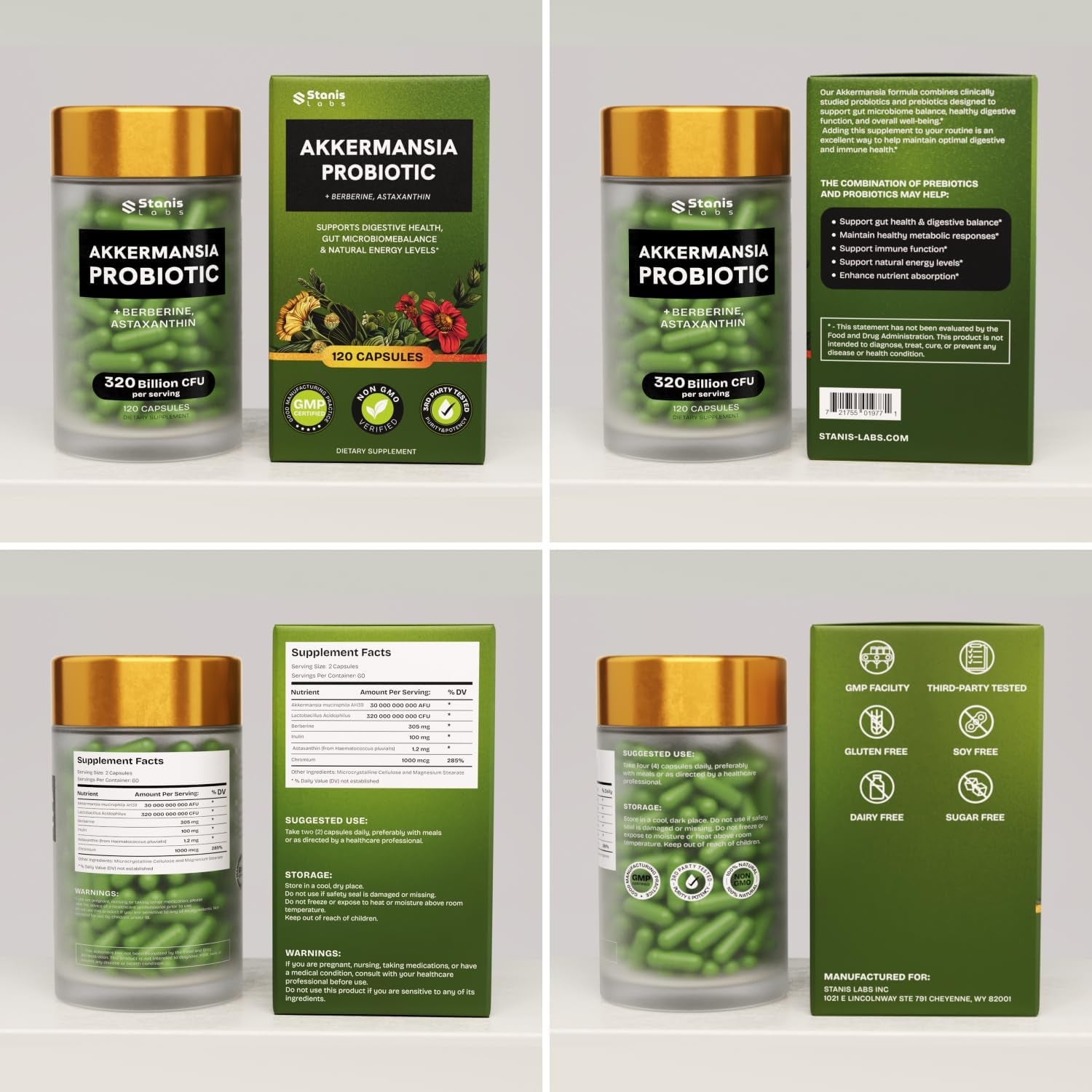 Akkermansia Muciniphila Probiotics 320 Billion CFU| Probiotic and Prebiotic | Akkermansia Probiotics for Gut Health | Inulin Prebiotic Fiber Capsules Astaxanthin & Berberine & Chromium | 120 Capsules