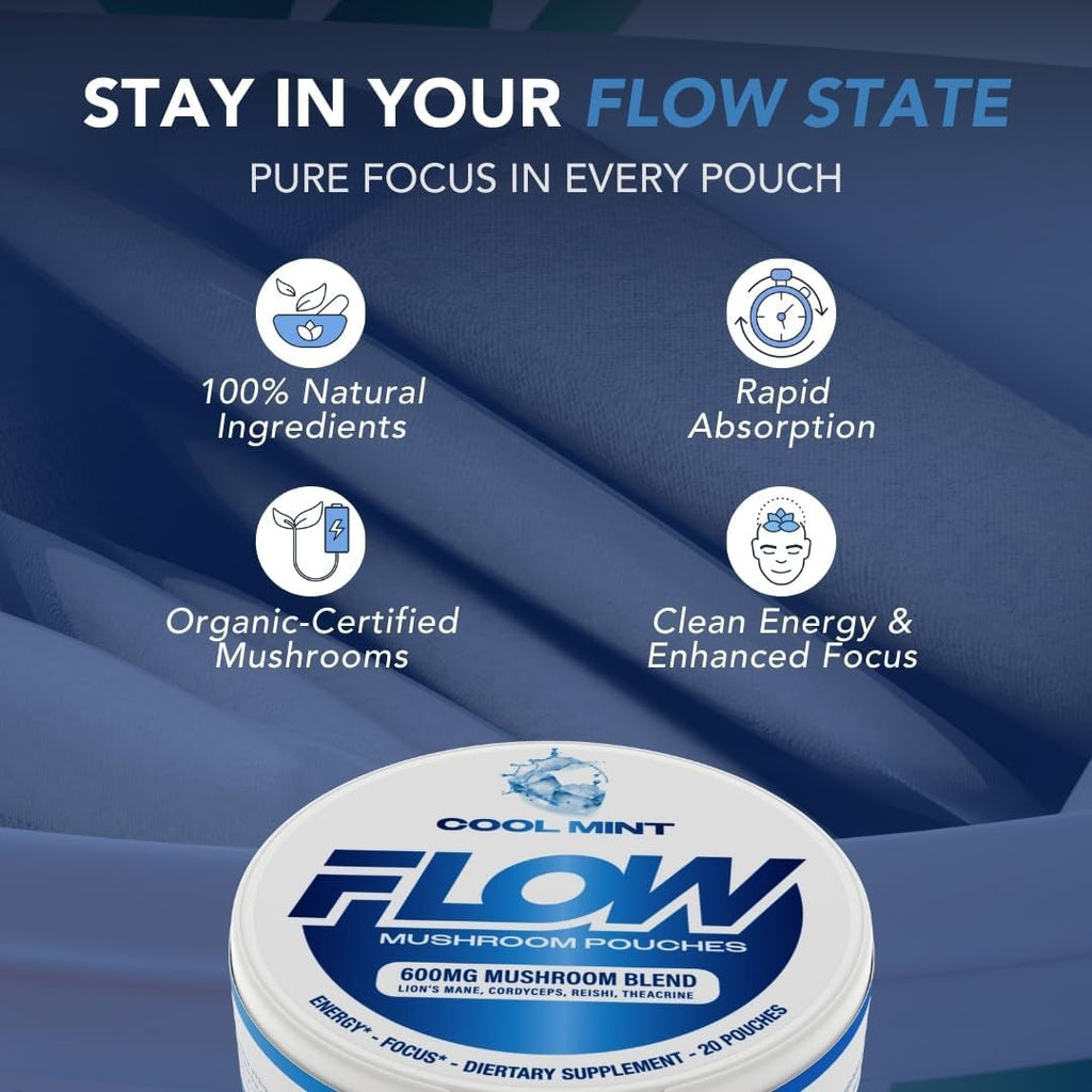 Flow Pouches Mushroom Nootropic Pouches - 600Mg Organic Mushroom Energy Ultra Pouches with Lion'S Mane, Reishi, Cordyceps for Focus & Clean Energy - Zero Caffeine or Sugar (5 Can Pack, Cool Mint)