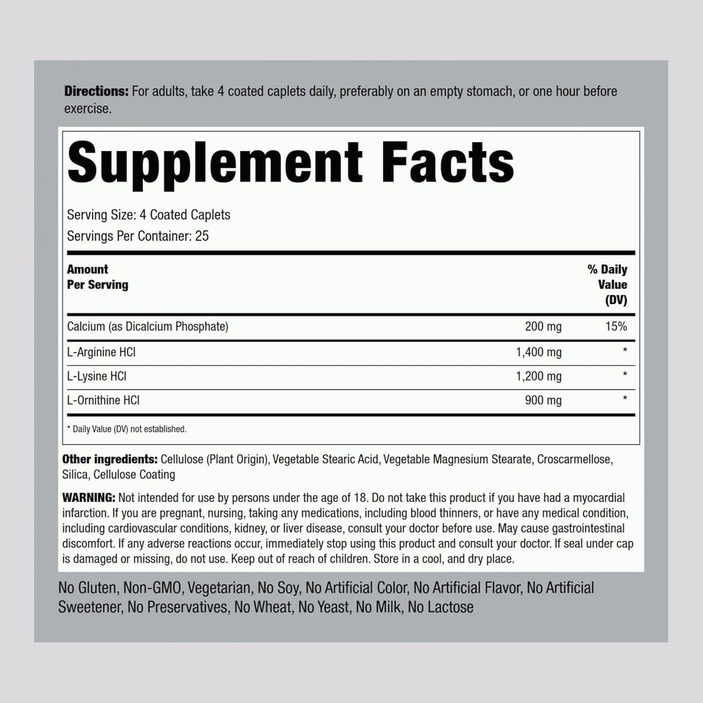 Piping Rock Tri Amino Supplement | 100 Caplets | Complex with L-Arginine, L-Ornithine, L-Lysine | Vegetarian, Non-Gmo, Gluten Free