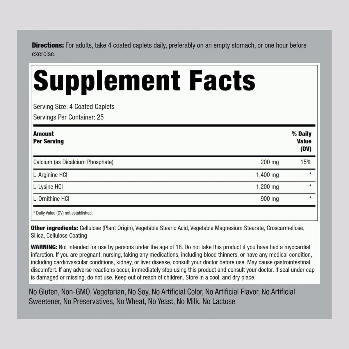 Piping Rock Tri Amino Supplement | 100 Caplets | Complex with L-Arginine, L-Ornithine, L-Lysine | Vegetarian, Non-Gmo, Gluten Free