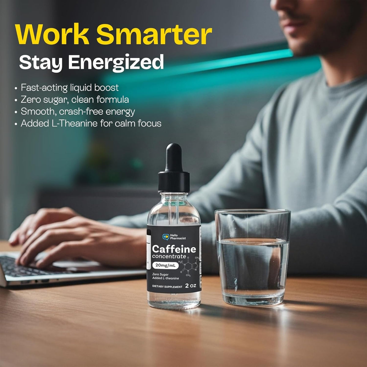 Caffeine Liquid Concentrate Drops (20 Milligram per Ml) with Added L-Theanine - Sugar Free - Formulated for Rapid Sublingual Absorption - 2 Ounces - Measured Dropper Included - Made in the USA