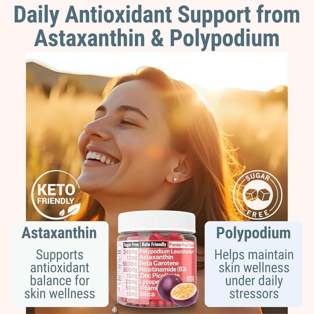 SHIZAM Astaxanthin Polypodium Leucotomos Zinc Picolinate Lycopene Vitamin E B3 Nicotinamide Silica Gummies