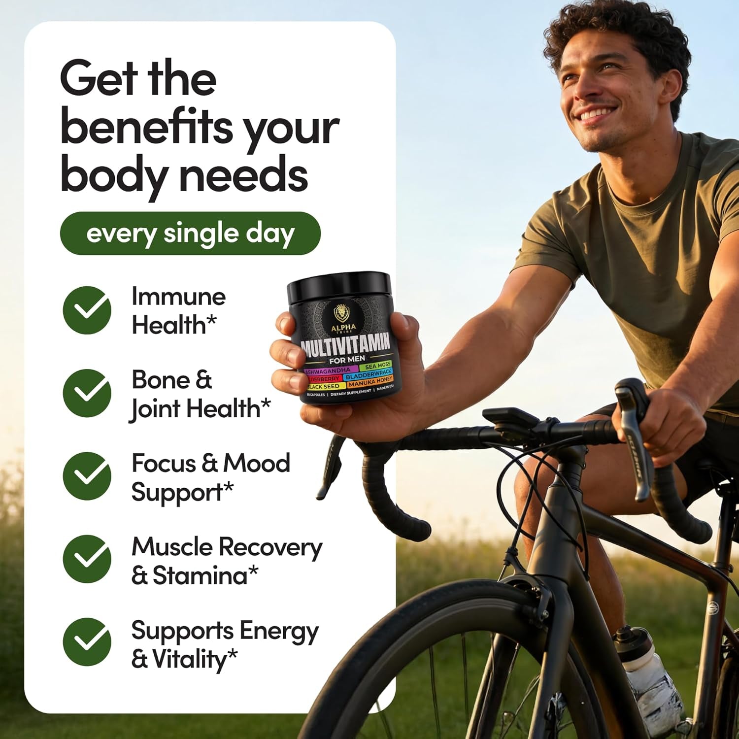 Alpha Tribe Multivitamin for Men with Seamoss Black Seed Oil Ashwagandha Burdock Root, Turmeric Bladderwrack, Vitamin C, Elderberry, Manuka, Yellow Dock | Daily Men'S Vitamins and Minerals Supplement