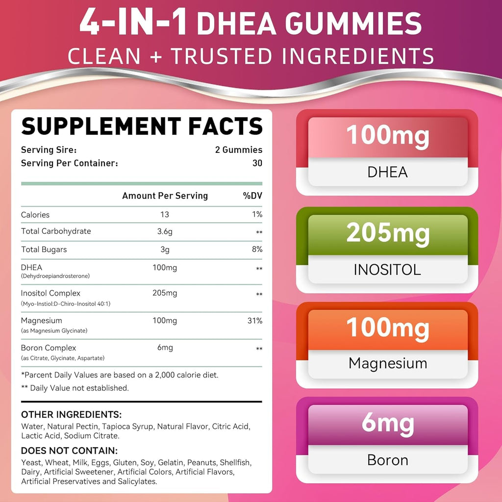 DHEA Gummies, DHEA Supplements for Women, DHEA 100Mg 50Mg Chewable with Boron, Inositol and Magnesium, Pro-Aging, Ovarian Support, Sleep Support, Vegan, 60 Counts