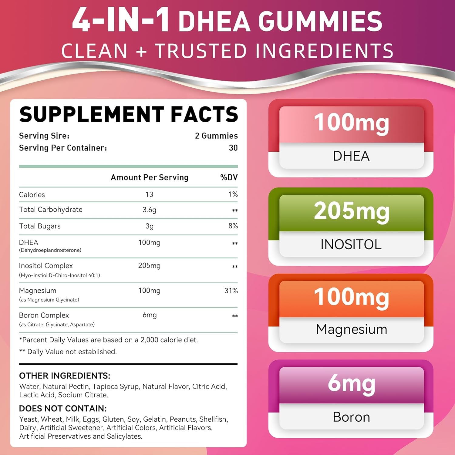 DHEA Gummies, DHEA Supplements for Women, DHEA 100Mg 50Mg Chewable with Boron, Inositol and Magnesium, Pro-Aging, Ovarian Support, Sleep Support, Vegan, 60 Counts