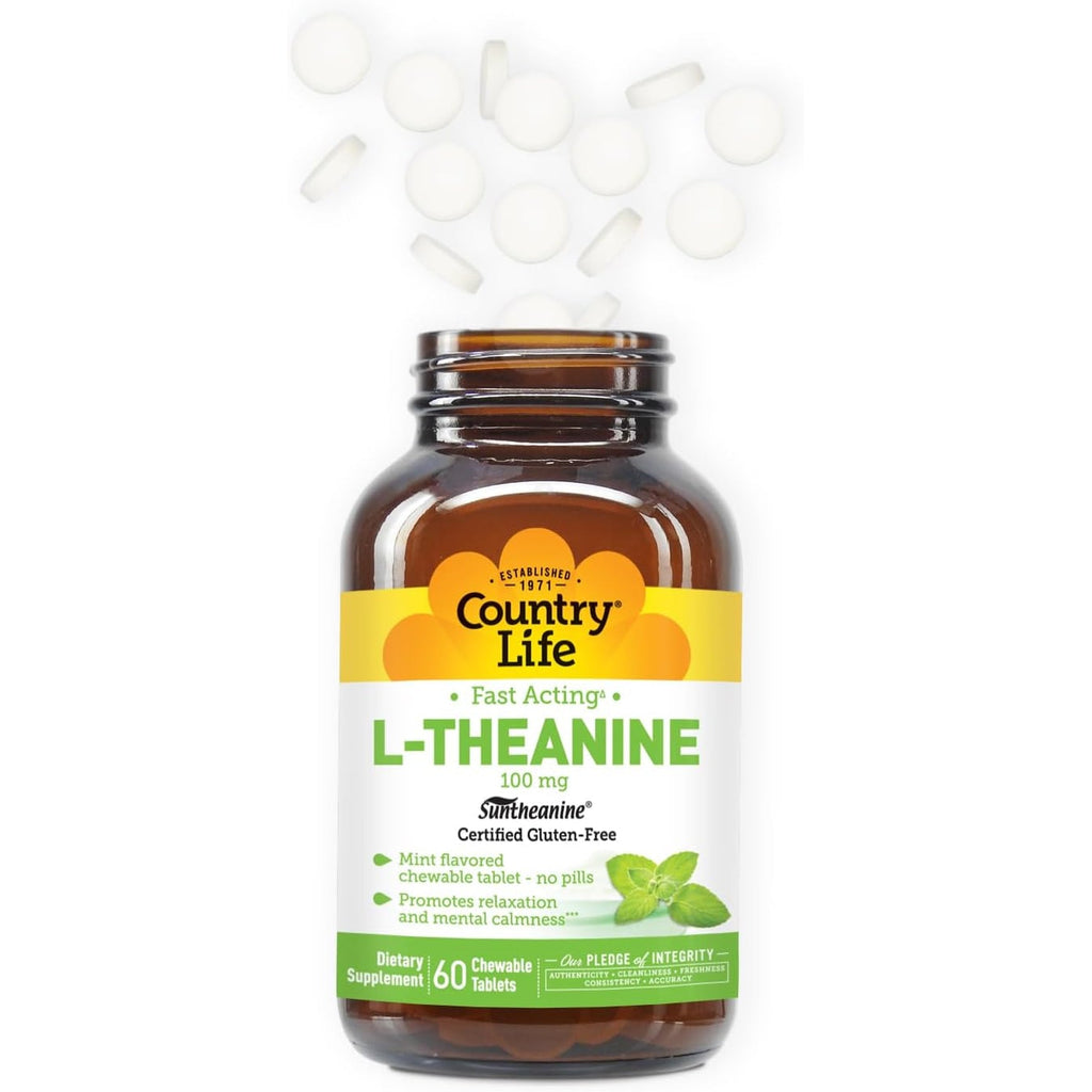 Country Life L-Theanine Fast-Acting 100Mg, 60 Chewable Tablets, Mint- Flavored, Certified Gluten Free, Certified Vegan