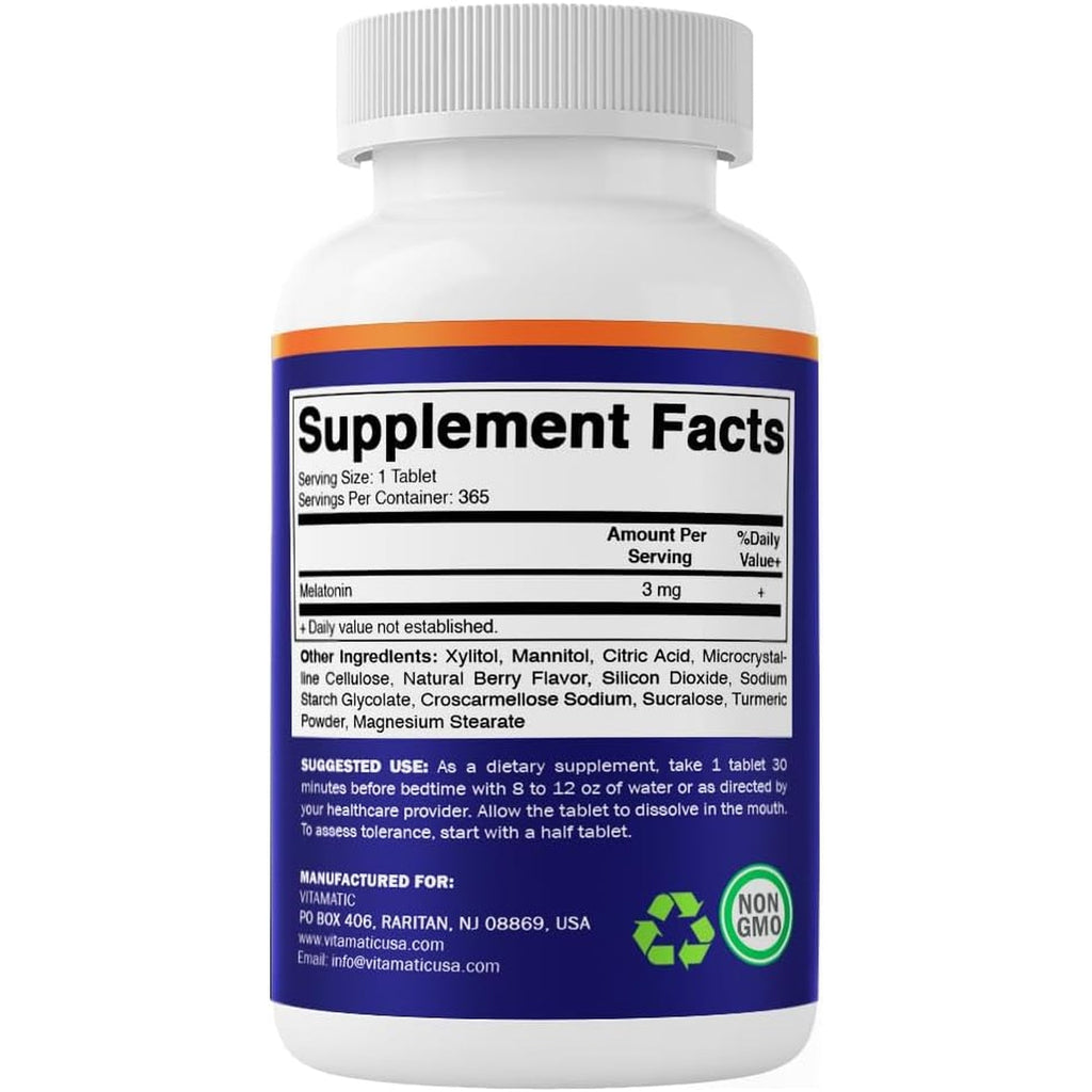 Vitamatic Melatonin 3Mg Tablets | Vegetarian, Non-Gmo, Gluten Free | 1 Year Supply | Natural Berry Flavor - 365 Tablets