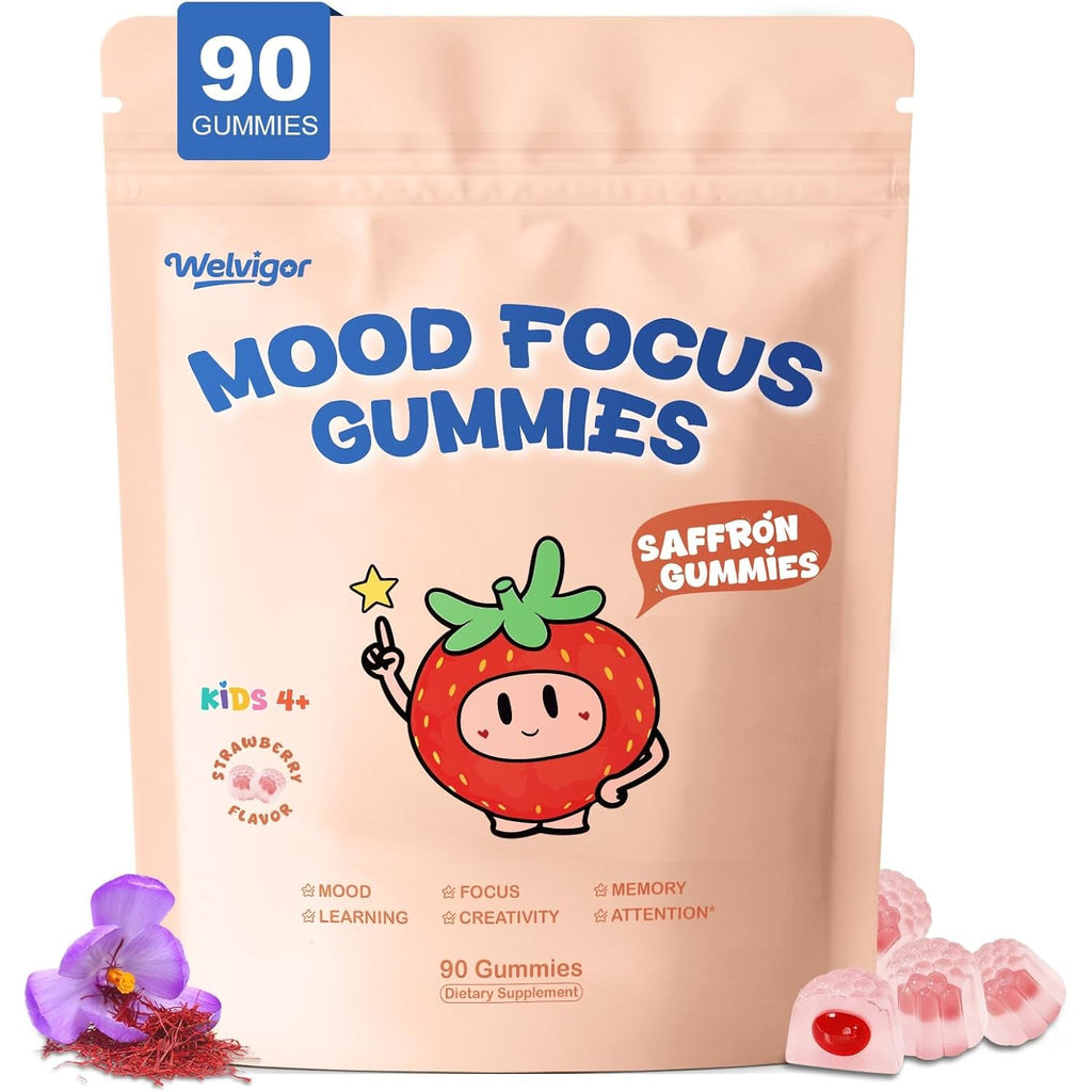 Kids Saffron Gummies: Mood Focus Support with Magnesium Glycinate, L-Theanine for Calm & Sleep, PS, Lion'S Mane, Choline Brain Support for School Concentration & Attention, Sugar Free, 90 Ct