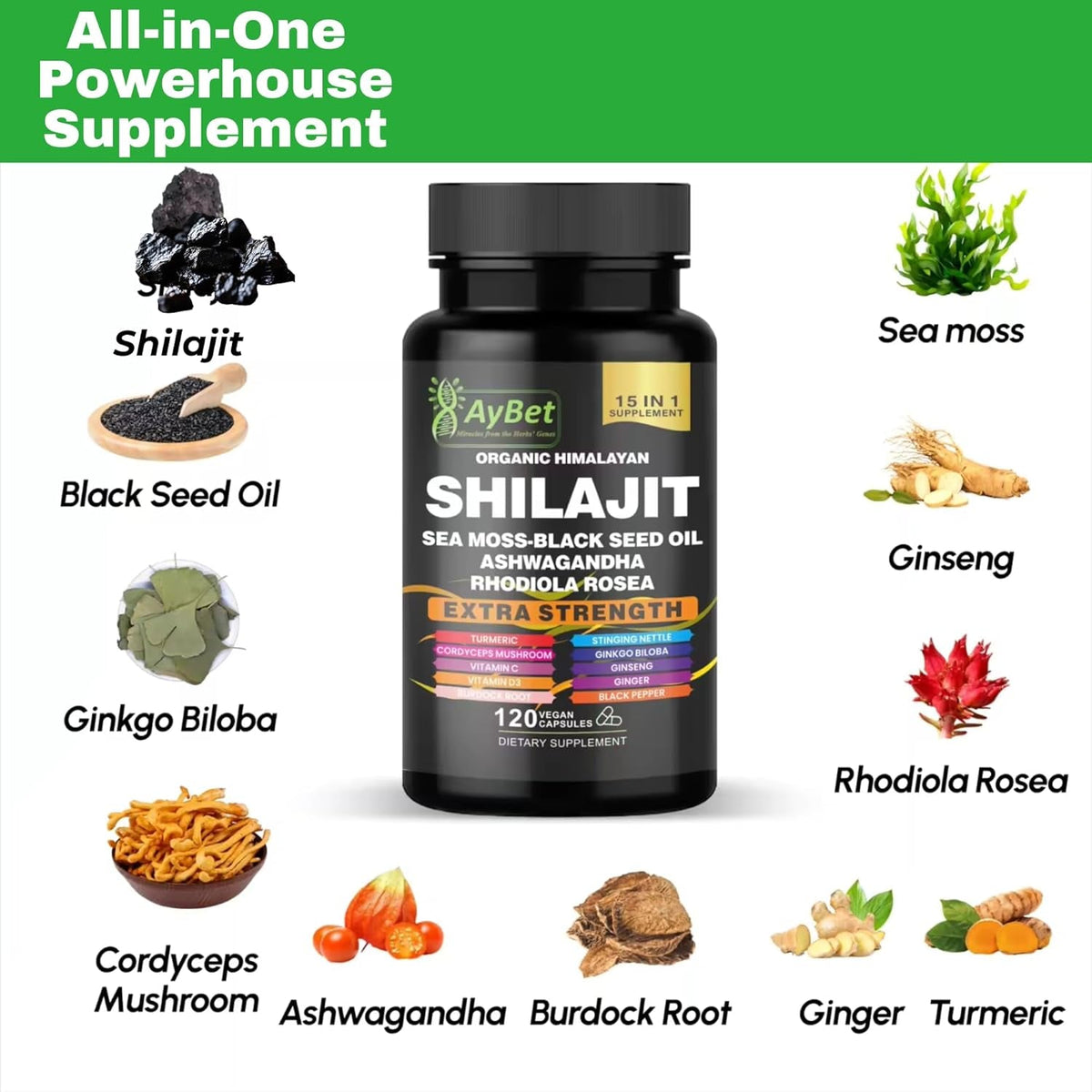 Shilajit for Men and Women-Organic Himalayan Shilajit Capsules with Sea Moss, Black Seed Oil, Ashwagandha, Rhodiola Rosea, Burdock, Cordyceps Mushroom, Ginseng, Turmeric, Ginger, 120 Capsules