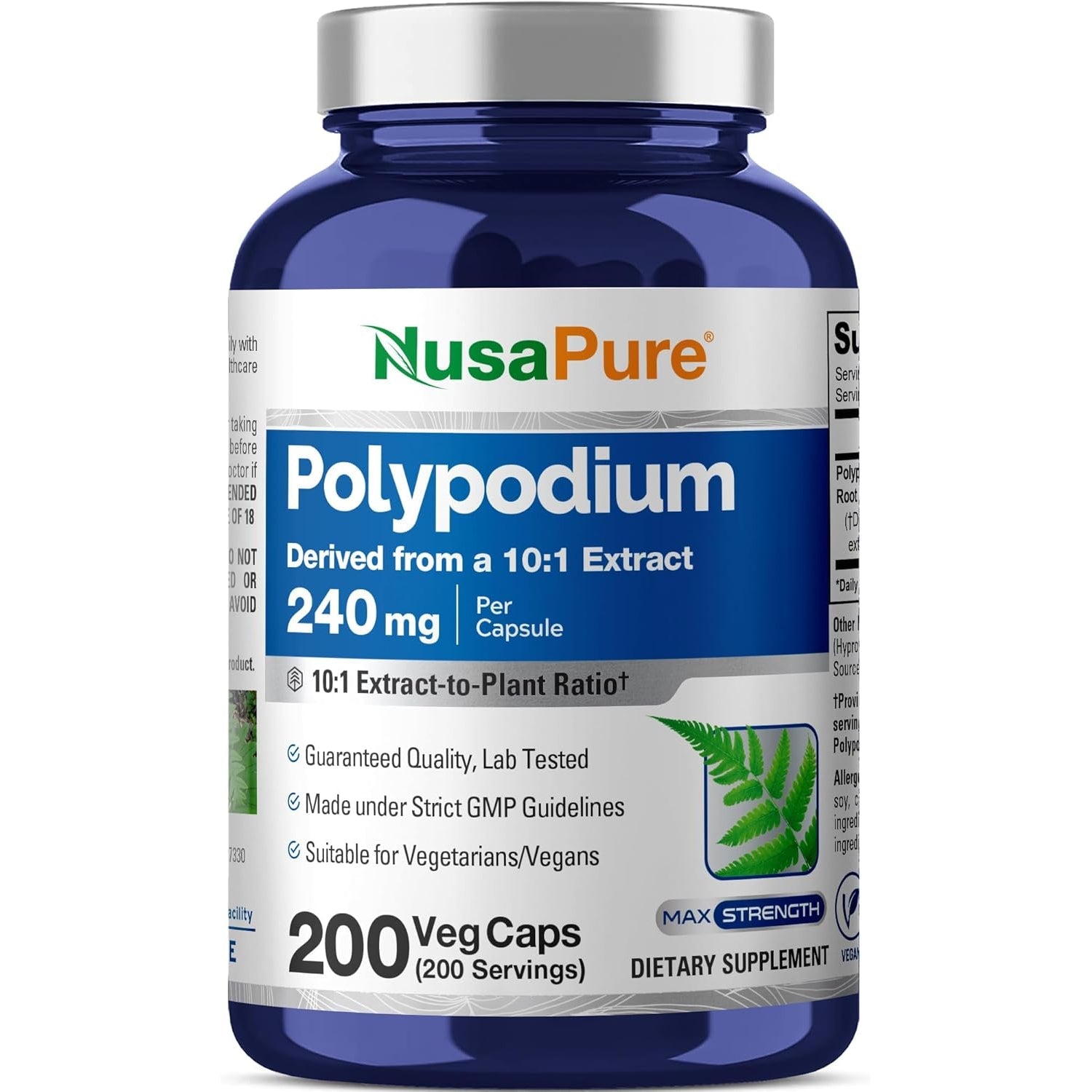 Nusapure Polypodium Leucotomos Capsules, 240 Mg, 200 Veg Capsules (Non-Gmo, Vegan)