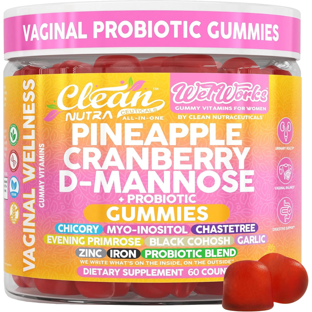 Wet Works Women'S Vaginal Probiotic Gummies Pineapple Cranberry Folic Acid D-Mannose Vitamin C Chicory Myo Inositol Garlic Black Cohosh Zinc Iron Evening Primrose Chastetree 60 Count by Clean Nutra