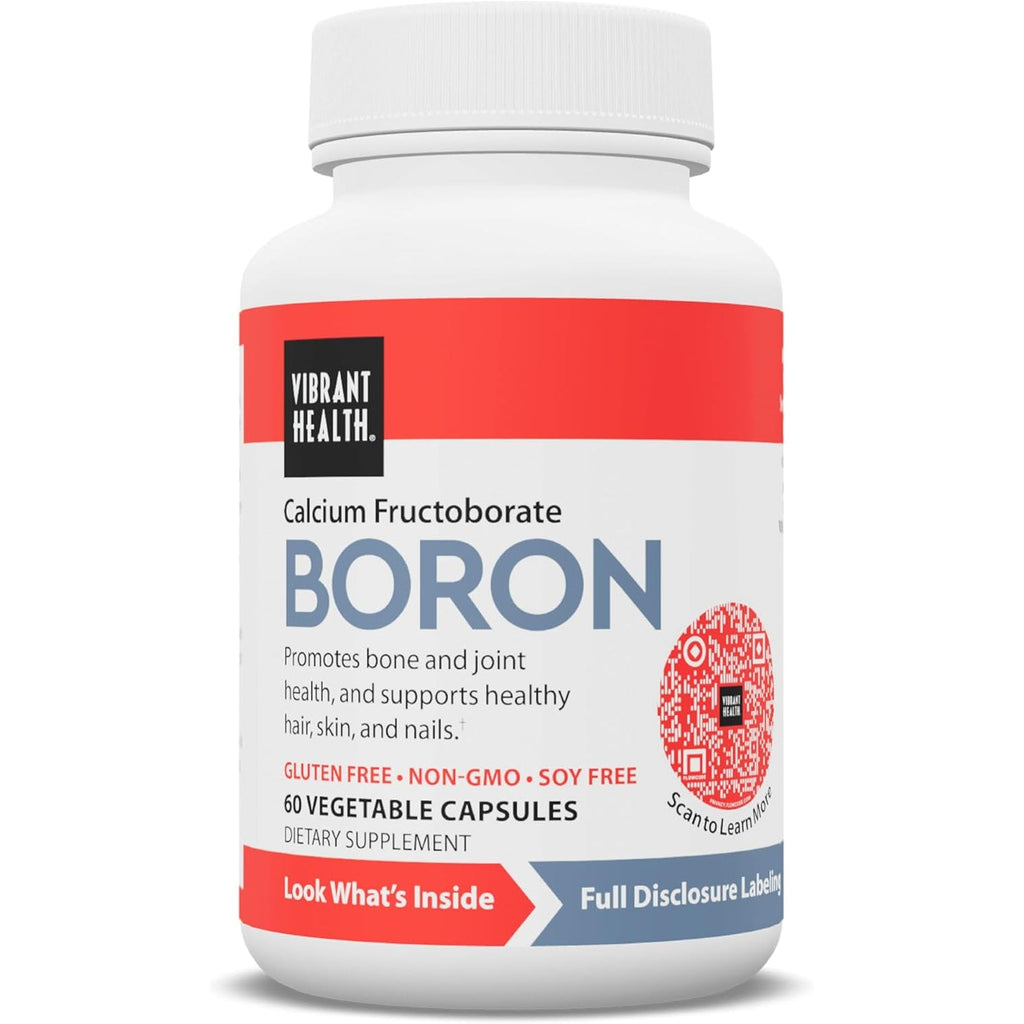 Vibrant Health - Super Natural Boron, Support for Healthy Joints, Hormone Levels, and Connective Tissue with Calcium Fructoborate and Broccoli Powder, Gluten Free, Vegetarian, Non-Gmo, 60 Count