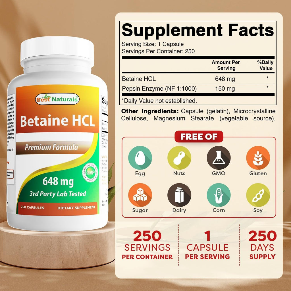 Best Naturals Betaine HCL 648 Mg 250 Capsules