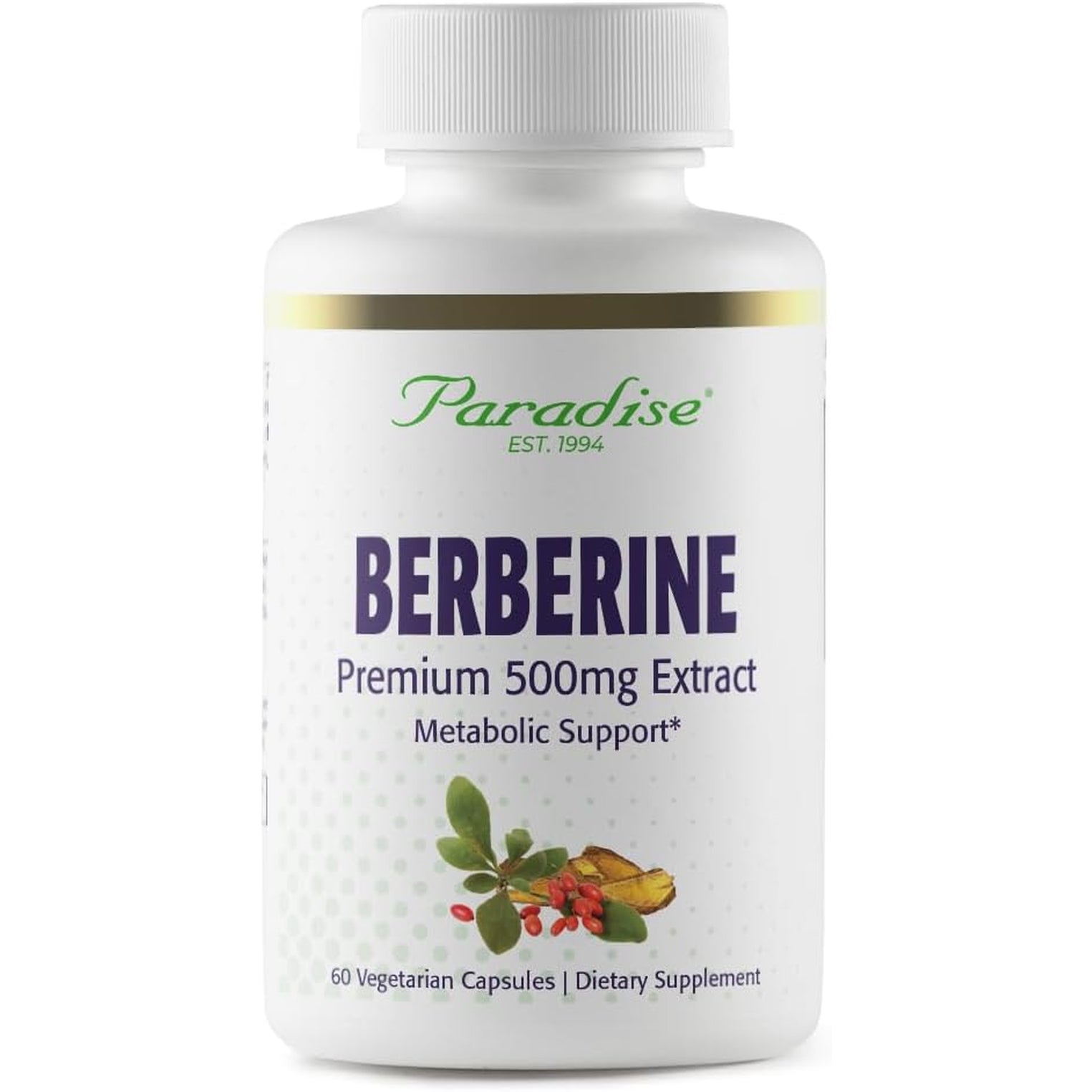 Paradise Herbs, Berberine Extract, 500 Mg, Pure & Potent Berberine Supplement, Vegan, Non-Gmo, Gluten Free, 60 Vegetarian Capsules
