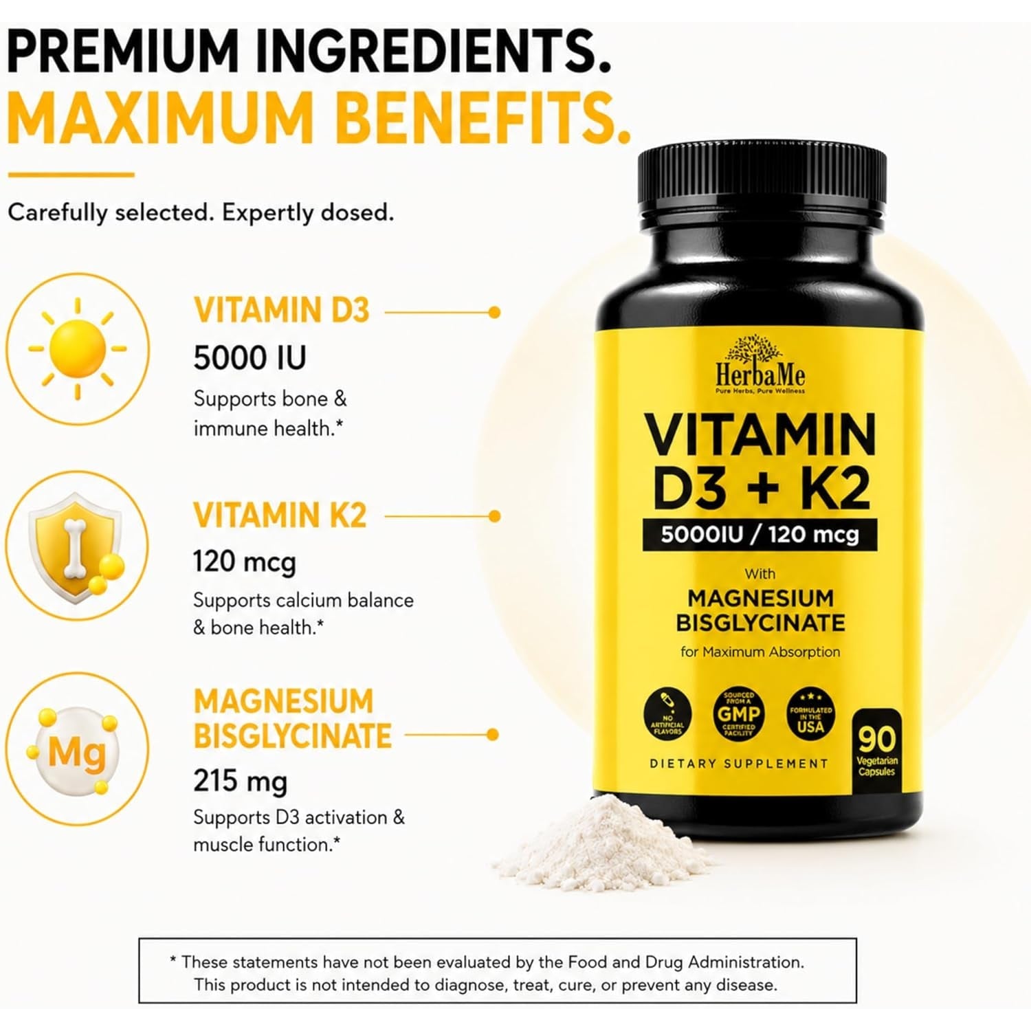 Herbame Vitamin D3 5000 IU + K2 with Magnesium Bisglycinate | Complete D3 Activation & Absorption Support Formula | Bone, Muscle & Immune Wellness | 90 Capsules