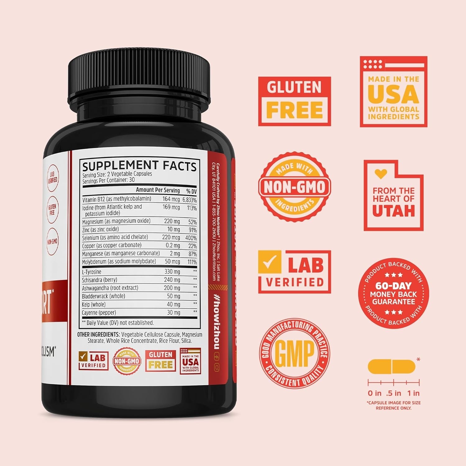 ZHOU Thyroid Support - Thyroid Supplement for Women & Men with Zinc, Iodine, & Selenium, Cellular Energy Thyroid Complex with Ashwagandha, Kelp - 60 Veggie Capsules (Pack of 1)