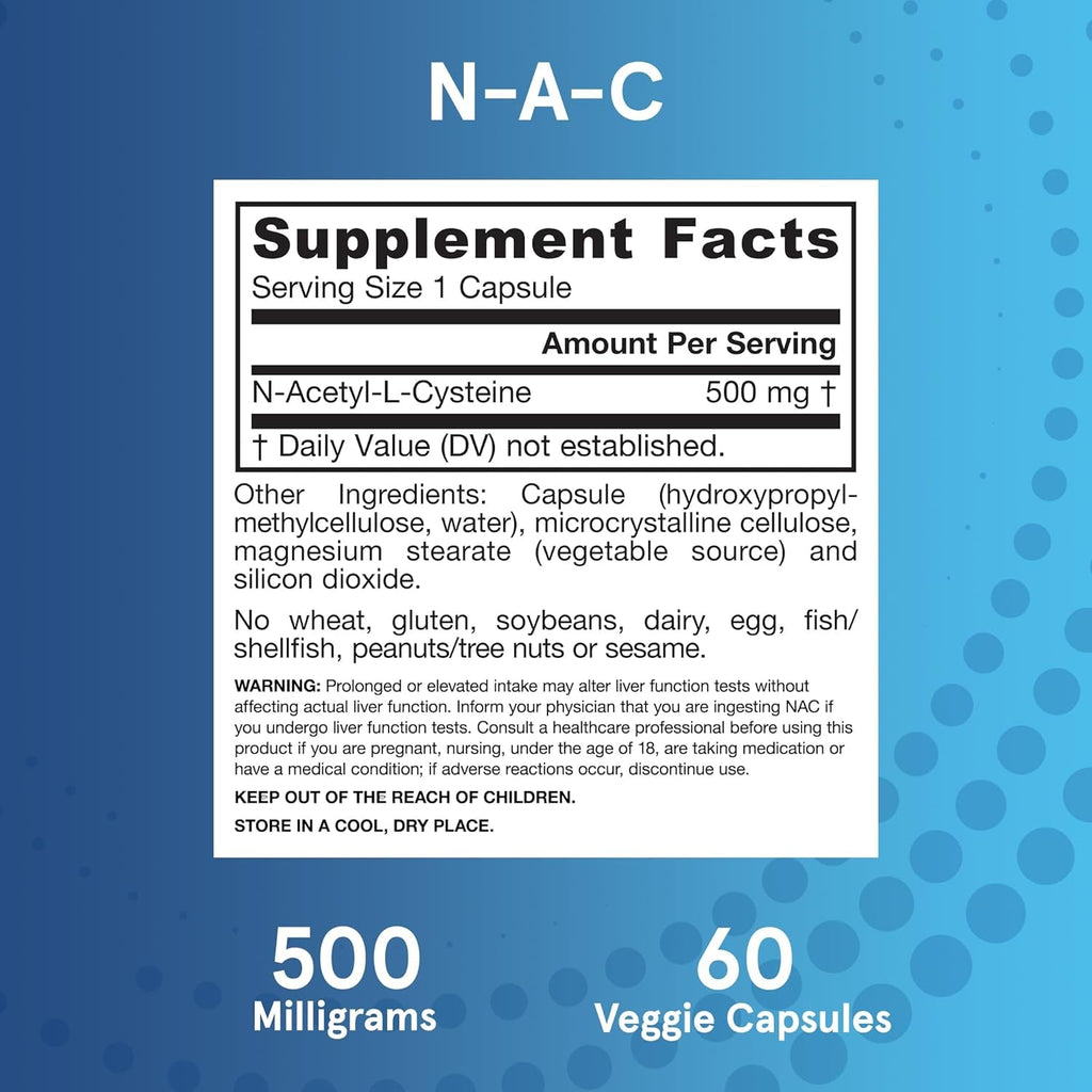 Jarrow Formulas® N-A-C 500 Mg, Dietary Supplement, Antioxidant Support for Liver Health, 60 Veggie Capsules, 60 Day Supply
