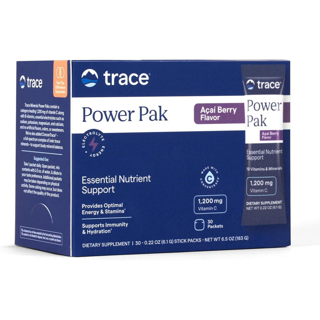 Trace Minerals | Power Pak Electrolyte Powder Packets | 1200 Mg Vitamin C, Zinc, Magnesium | Boost Immunity, Hydration and Natural Energy | Acai Berry | 30 Packets