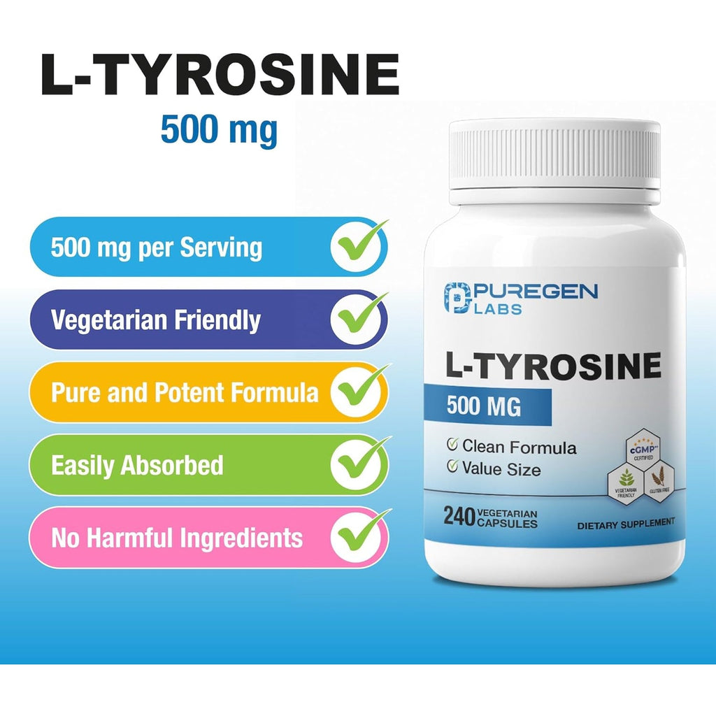 Puregen Labs L-Tyrosine 500 Mg, 240 Vegetable Capsules | No Harmful Additives | Non-Gmo, Vegan, Gluten Free, Dairy Free - 240 Servings