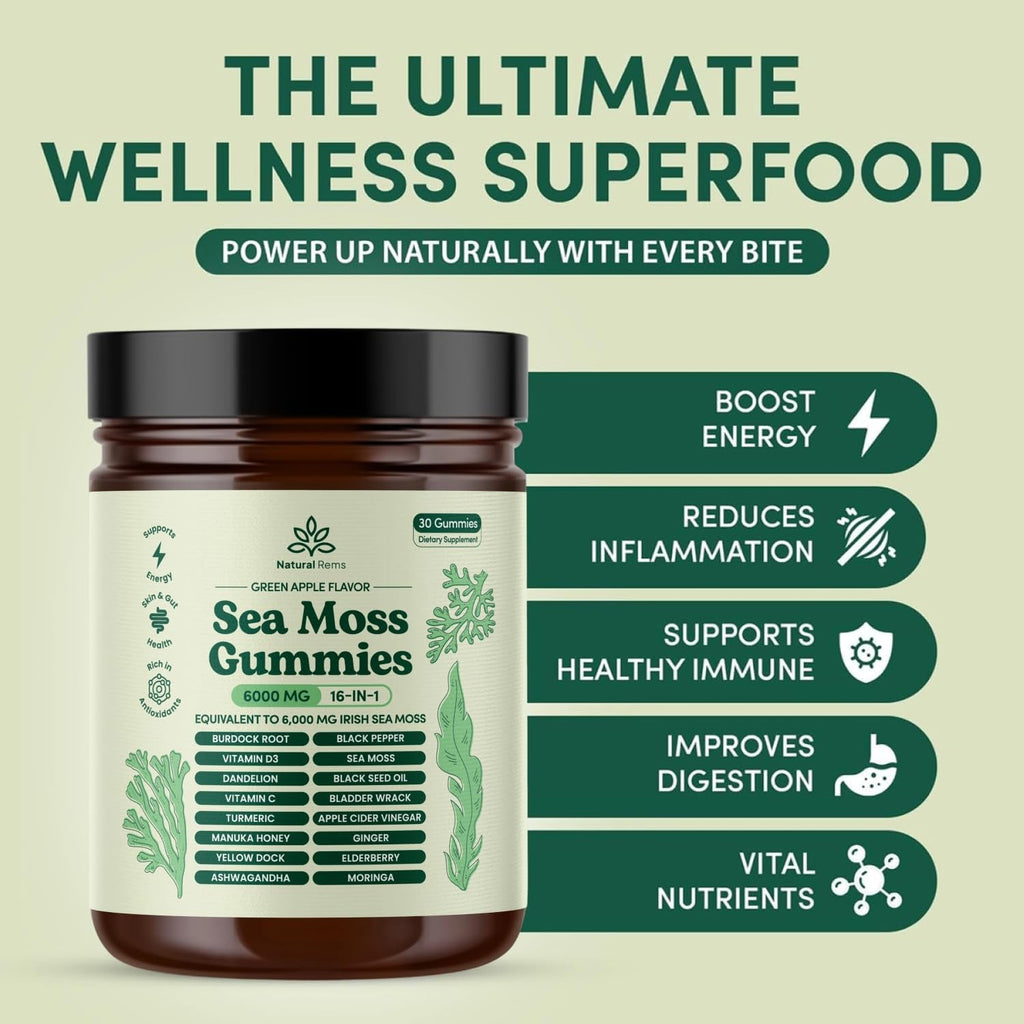 Natural Rems Sea Moss Gummies 16-In-1 - Ashwagandha Black Seed Oil Bladder Wrack Turmeric Vitamin C & D3 with Manuka Burdock Root Dandelion Yellow Dock Elderberry Apple Cider Vinegar (Green Apple)