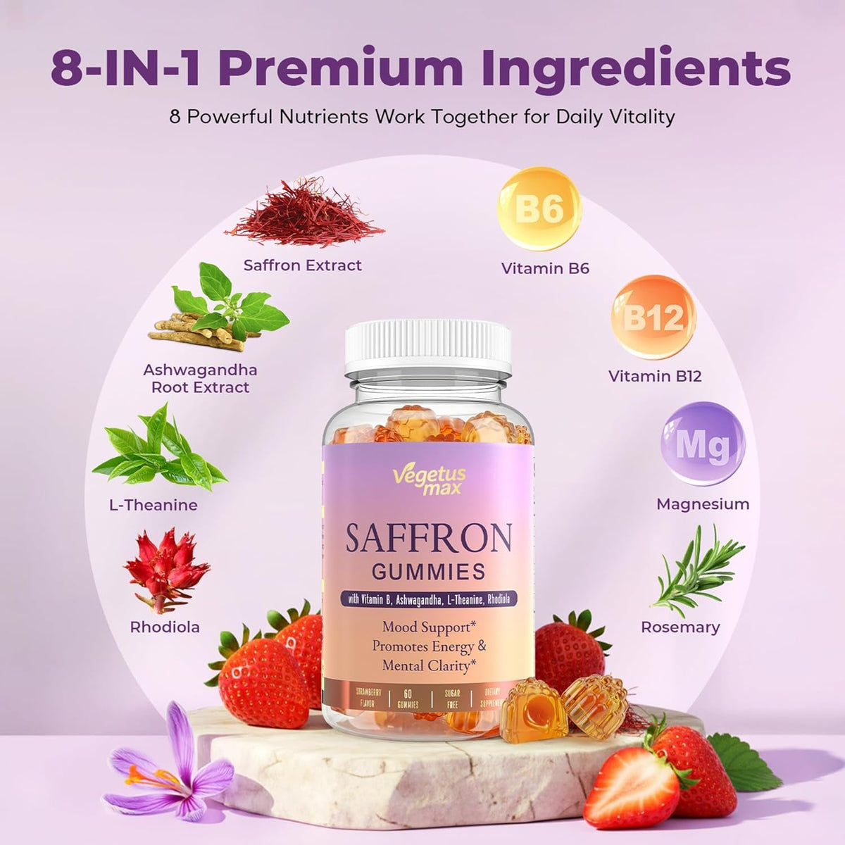 Saffron Supplements Gummies for Adults, 88.5Mg Pure Saffron Extract with Magnesium, Ashwagandha, L-Theanine, Rhodiola, Rosemary, Vitamin B6, B12 for Mood, Focus, Calm, Zzz - 60 Count