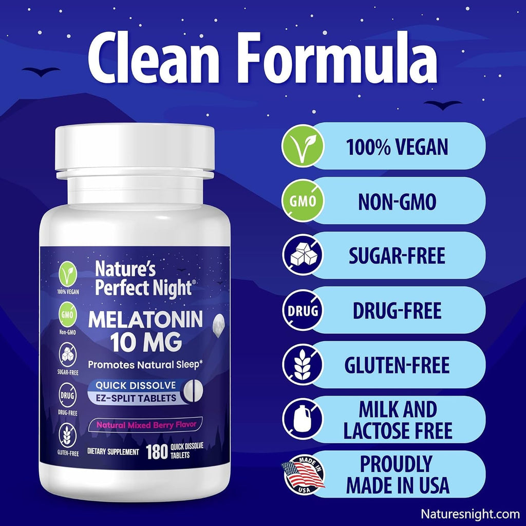 Nature'S Perfect Night | Melatonin 10Mg | 180 Quick Dissolve Tablets | Natural Mixed Berry Flavor |High Potency | Sugar Free | Vegan | Gluten Free | Value Size