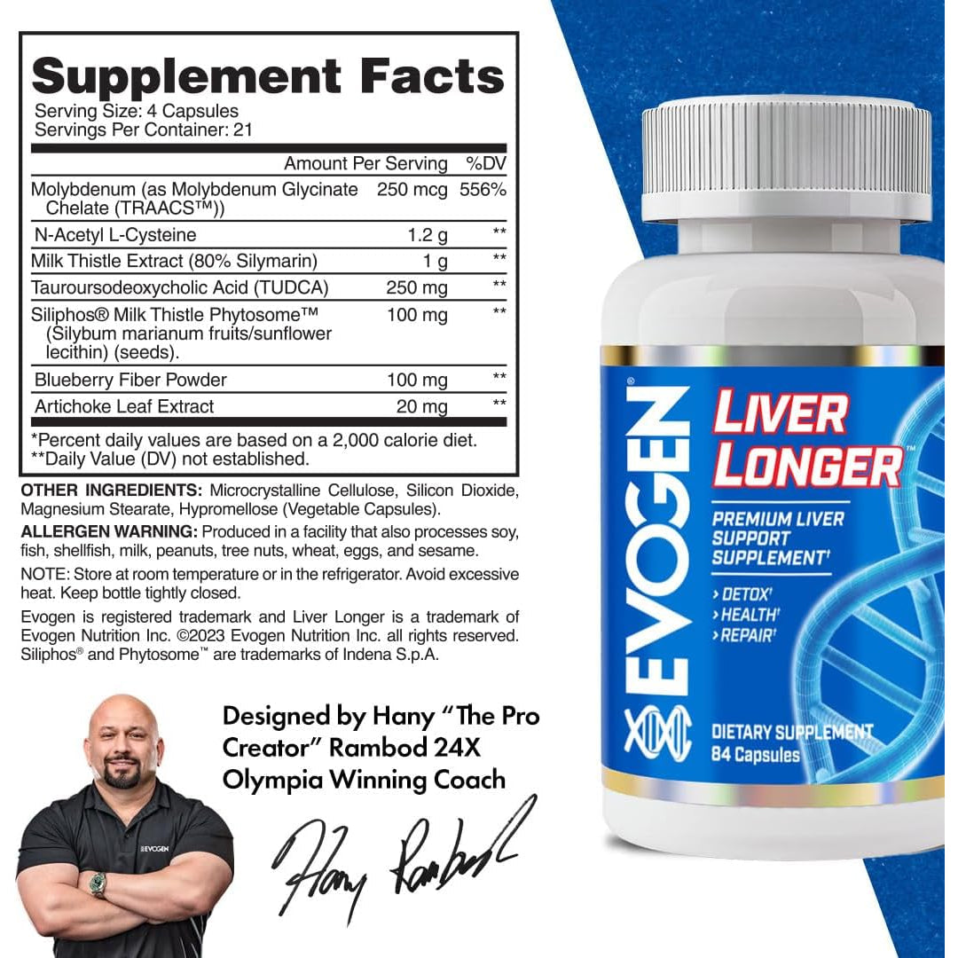 Evogen Liver Longer - Premium Liver Support Supplement | Detox, Health, & Repair | N-Acetyl L-Cysteine, Milk Thistle, TUDCA | 84 Capsules