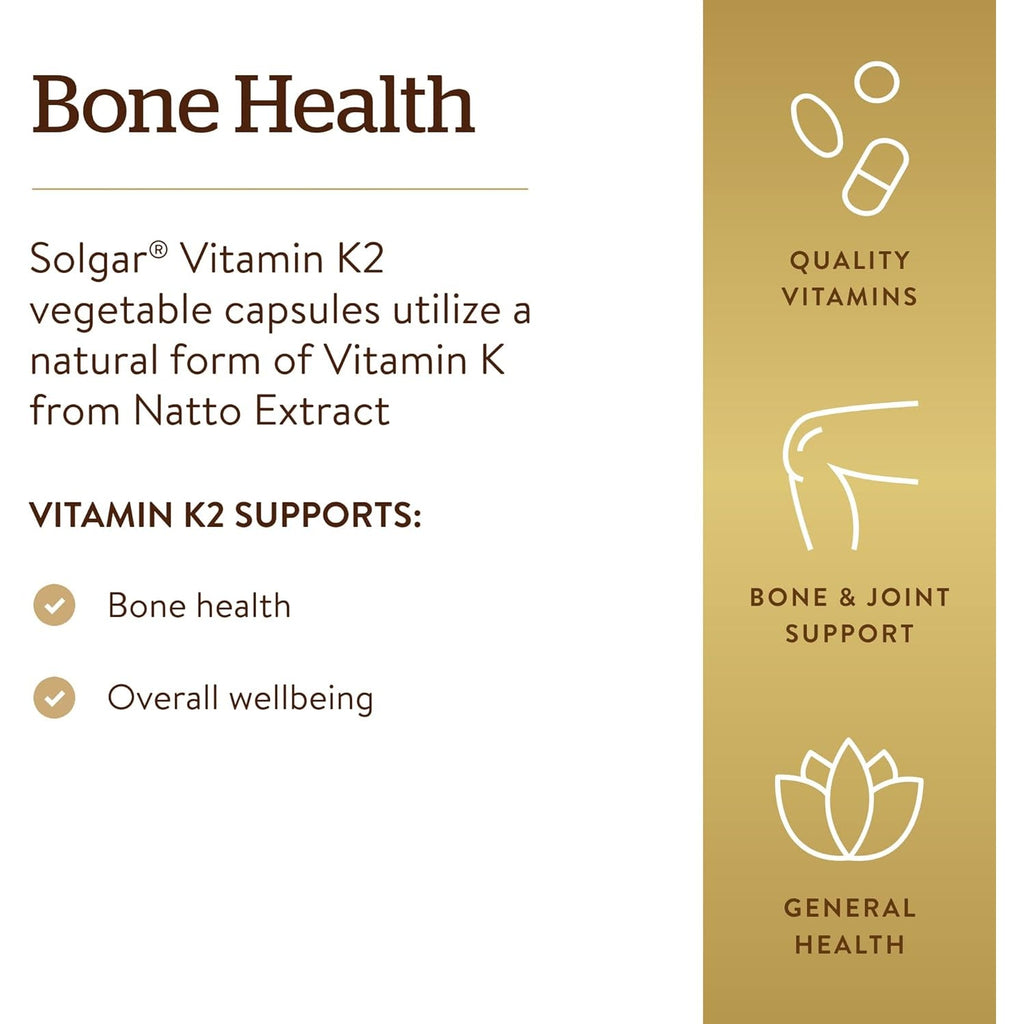 Solgar Naturally Sourced Vitamin K2 (MK-7) 100 Mcg - 50 Vegetable Capsules - Supports Bone Health - Whole Food Source from Natto Extract - Non-Gmo, Gluten Free - 50 Total Servings