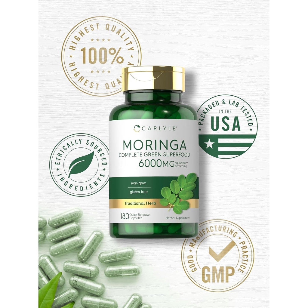 Carlyle Moringa Oleifera Supplement | 180 Capsules | Complete Green Superfood for Women and Men | from Moringa Leaf Powder | Non-Gmo and Gluten Free
