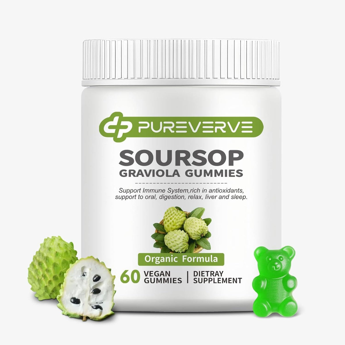 Soursop Graviola Gummies, Max Strength Soursop Leaves Extract with Sea Moss & Zinc for Cell Support & Regeneration, Immunity, Liver and Antioxidant, Sugar/Gluten Free, Vegan - 60 CT