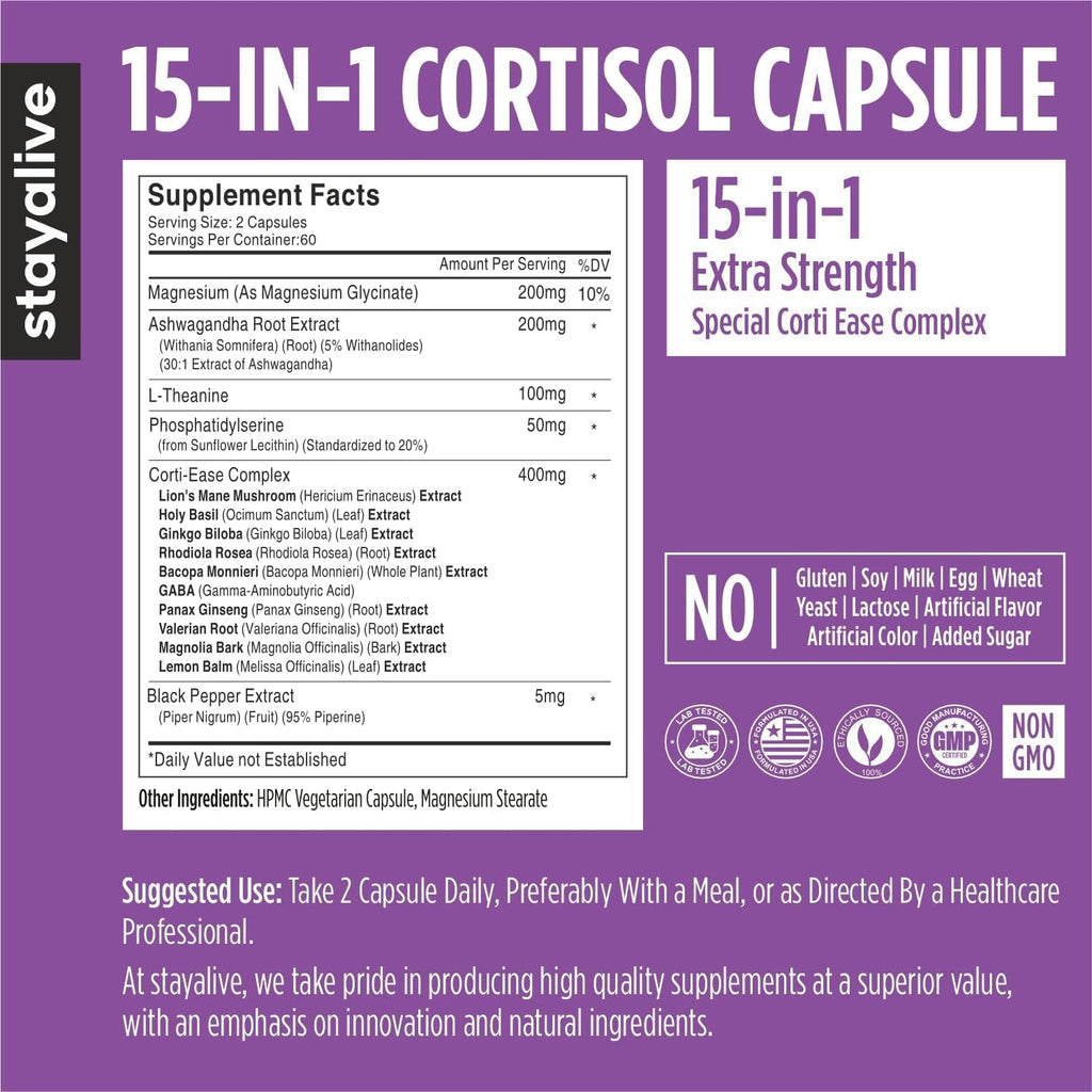 STAY ALIVE Cortisol Manager Supplement 15-In-1 Complex W/L-Theanine, Ashwagandha, Magnesium Glycinate, Phosphatidylserine and More, 120 Veg Capsules, Non-Gmo & Gluten-Free Formula for Women and Men