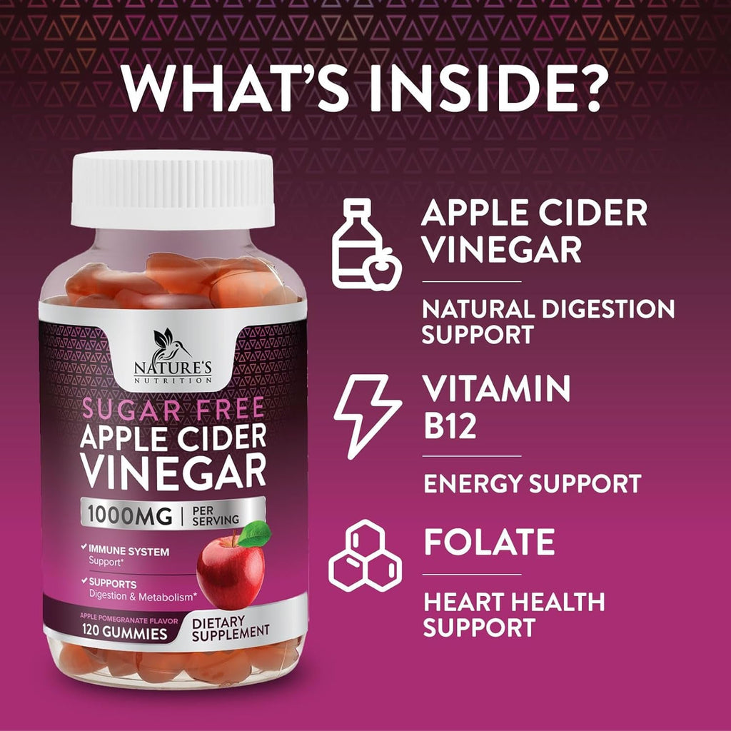 Apple Cider Vinegar Gummies for Weight Loss - Sugar Free - Max Strength ACV Gummy with Vitamin B12 & the Mother - Metabolism & Energy Support - Vegan Apple Cider Vinegar Gummy Supplement - 120 Gummies