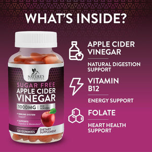Apple Cider Vinegar Gummies for Weight Loss - Sugar Free - Max Strength ACV Gummy with Vitamin B12 & the Mother - Metabolism & Energy Support - Vegan Apple Cider Vinegar Gummy Supplement - 120 Gummies