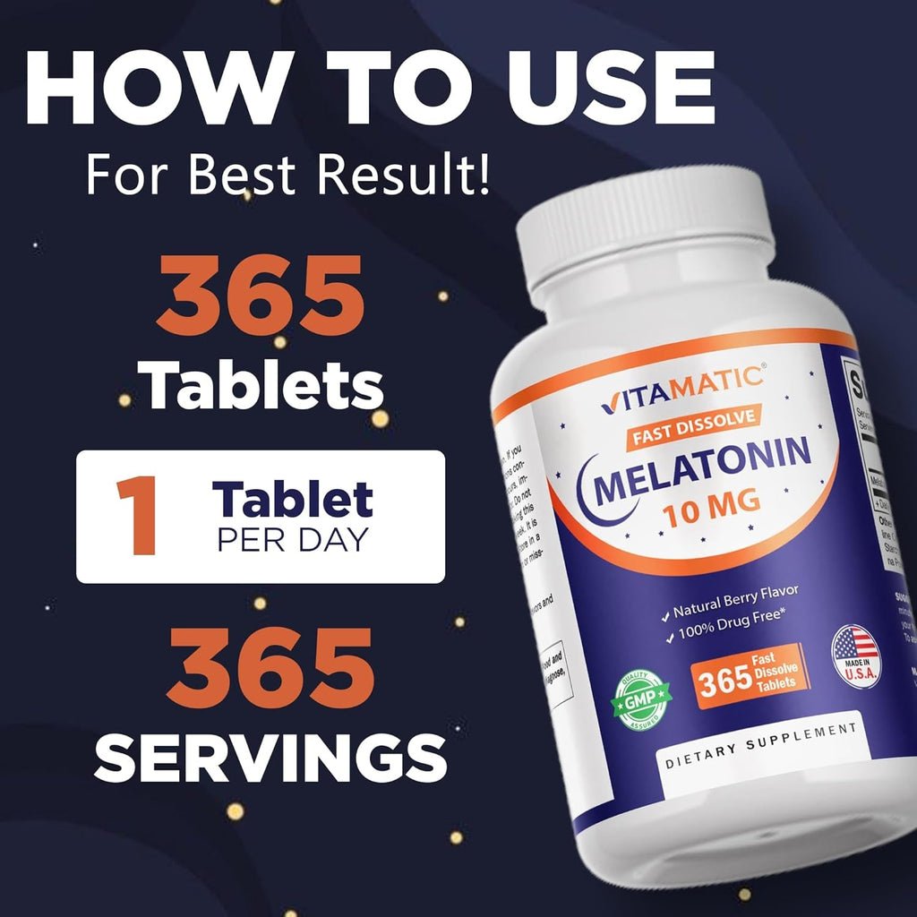 Vitamatic Melatonin 10 Mg Fast Dissolve Tablets – Quick-Dissolving Sleep Support Supplement for Adults – Vegetarian, Non-Gmo & Gluten-Free – Natural Berry Flavor – 365 Tablets