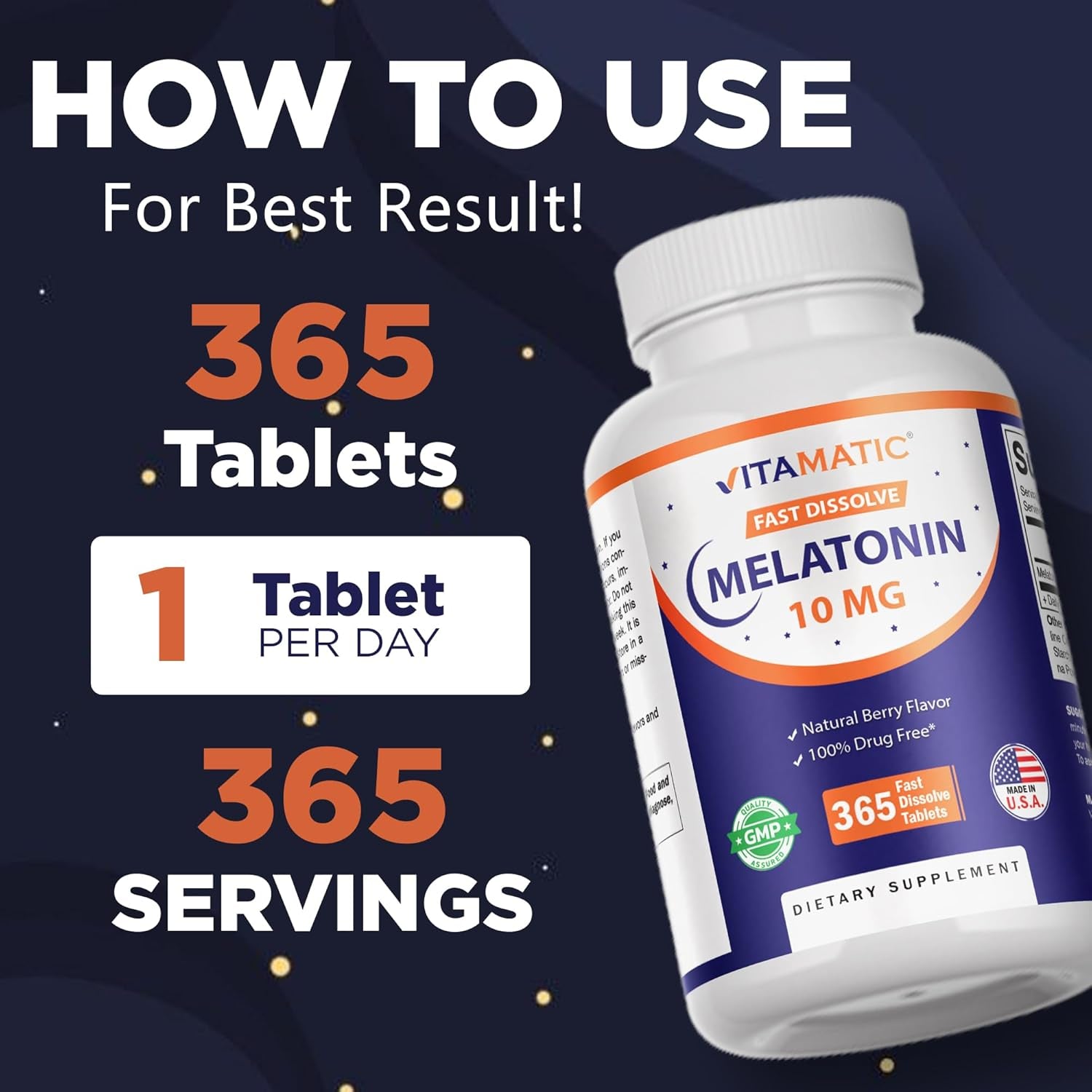 Vitamatic Melatonin 10 Mg Fast Dissolve Tablets – Quick-Dissolving Sleep Support Supplement for Adults – Vegetarian, Non-Gmo & Gluten-Free – Natural Berry Flavor – 365 Tablets