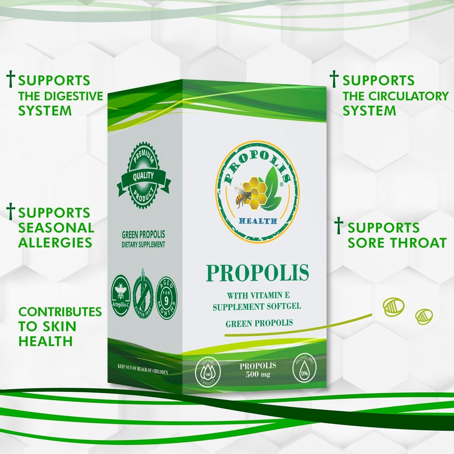 Propolis Health Propolis Capsules 1000Mg-Daily with Vitamin E per Dose - Pure Brazilian Green Propolis Extract - Immune Booster 50 Days Supply -100 Capsules