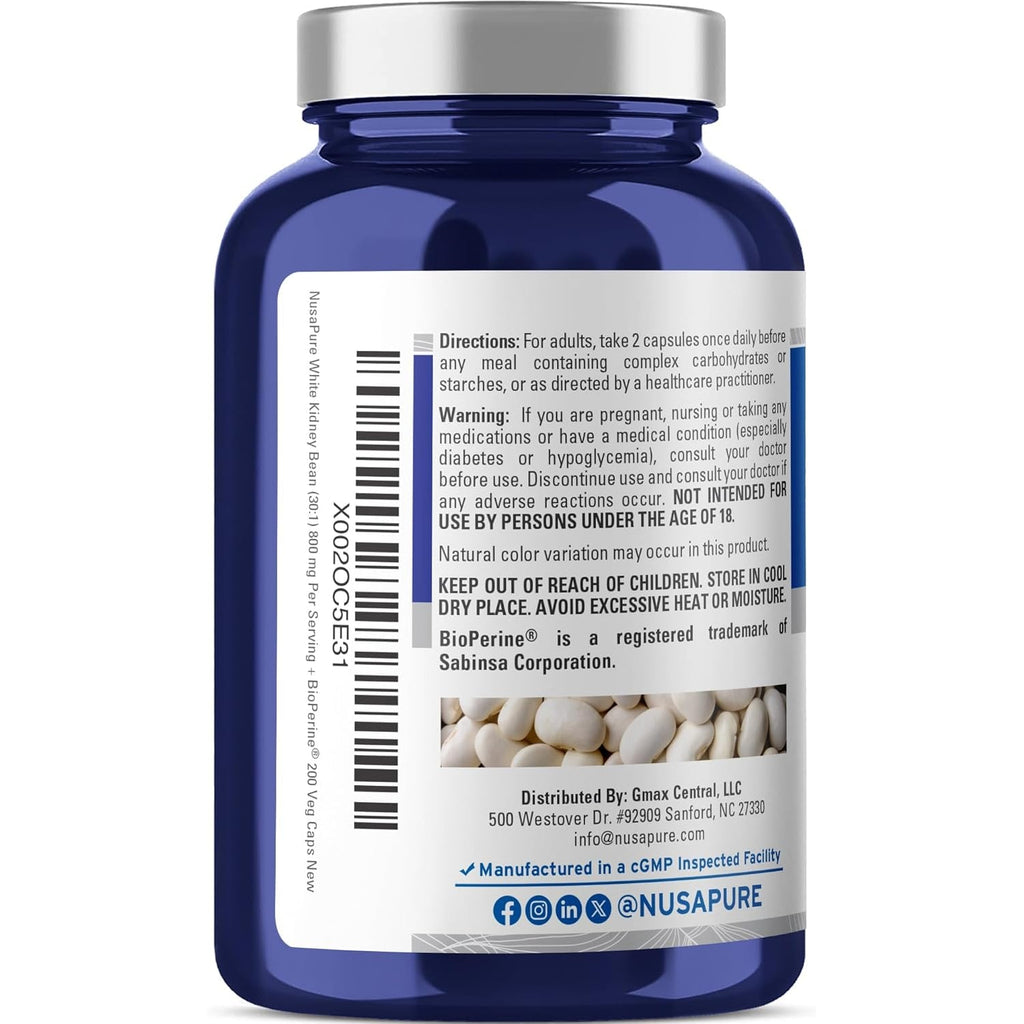 Nusapure White Kidney Beans Capsules, 800 Mg, 200 Veg Capsules (Non-Gmo, Vegan)