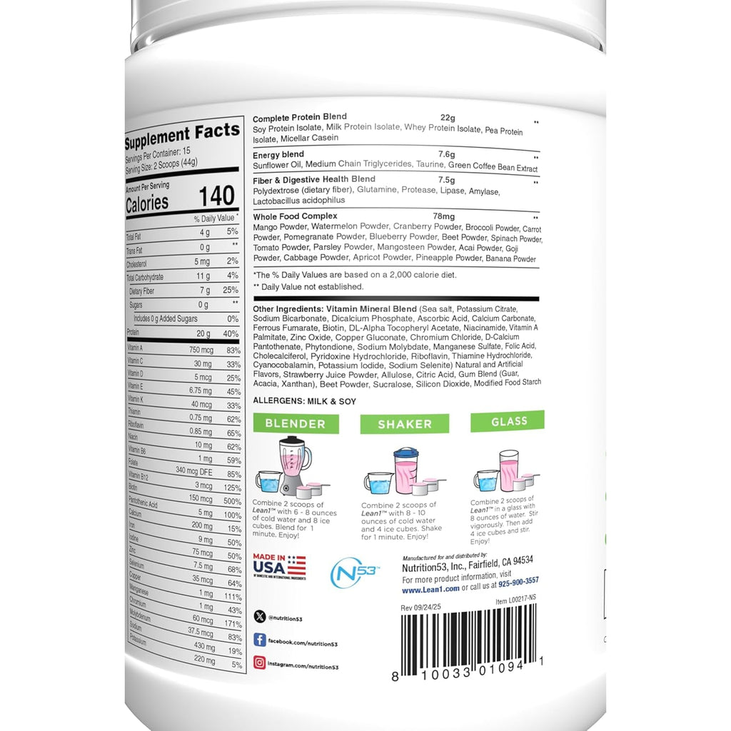 Lean1 Meal Replacement Protein Shake, Strawberry Flavor, 15 Serving Tub