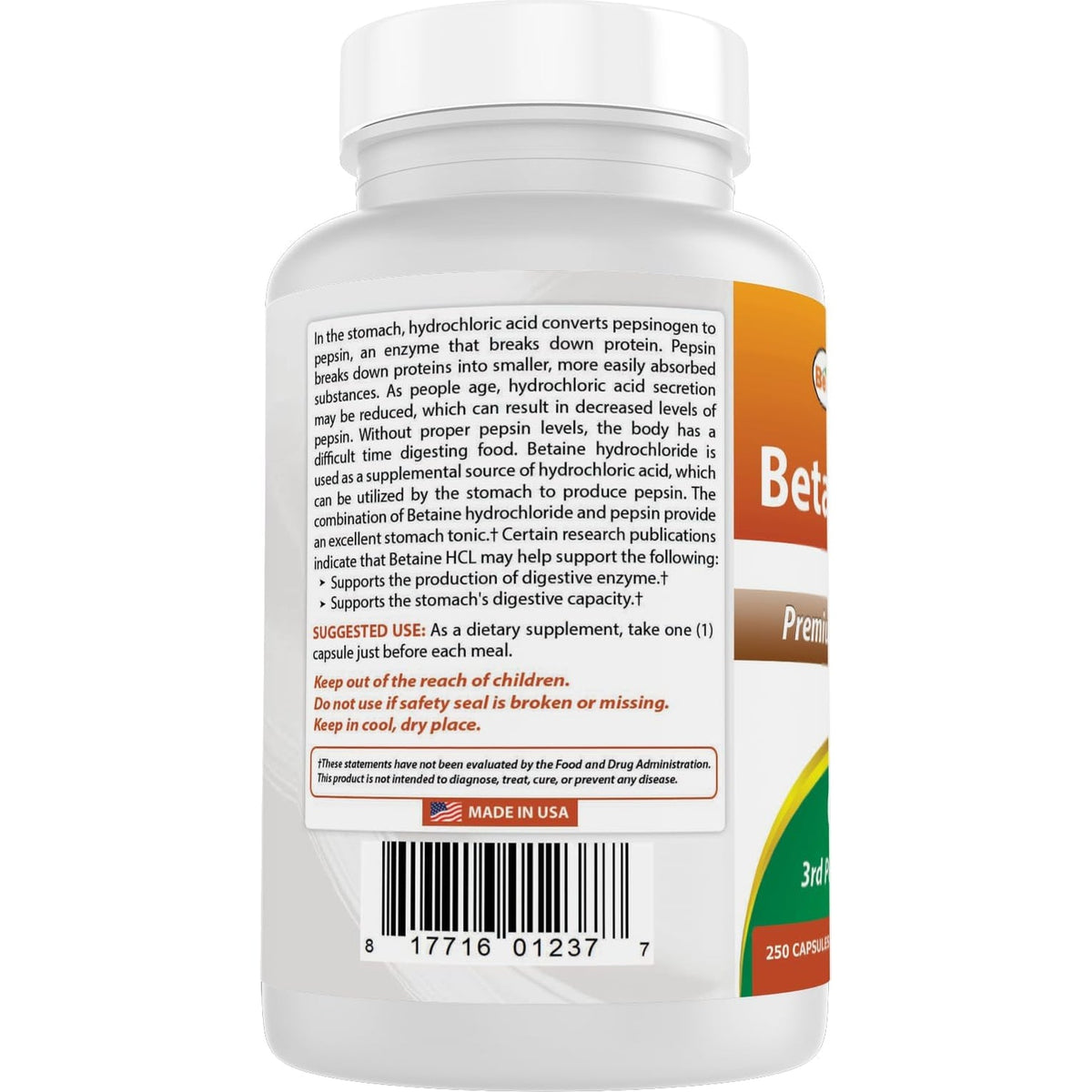 Best Naturals Betaine HCL 648 Mg 250 Capsules
