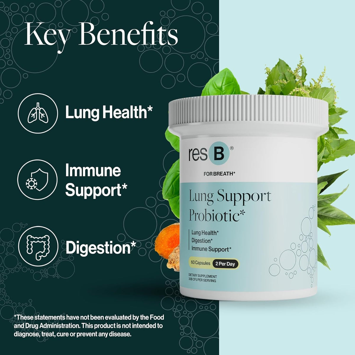 Resb Lung Support Probiotic Supplement - Lung Health Supplement for Smokers, Gut Health, Immune & Digestive Support, Respiratory Care, Holy Basil & Turmeric, Clinically Trialed - 60 Capsules